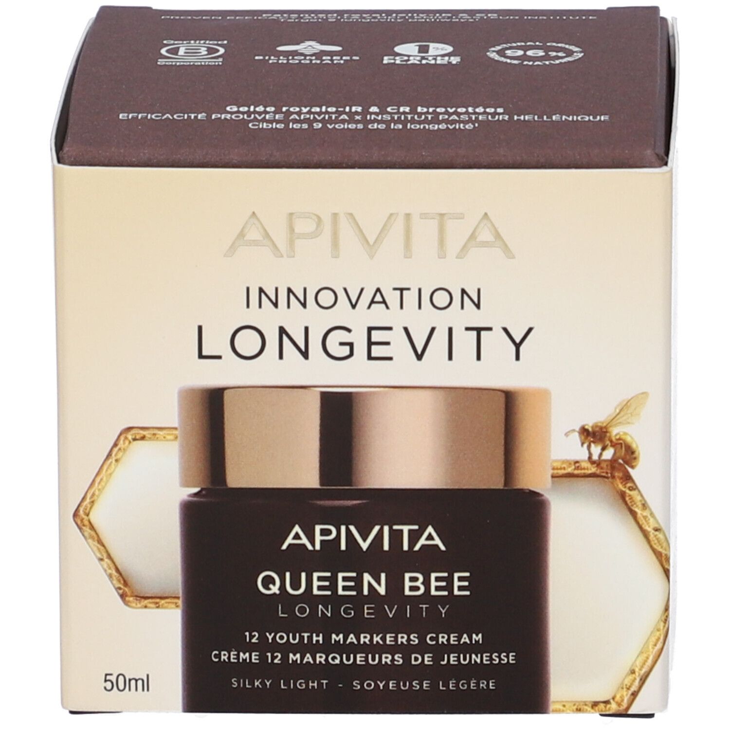 Confezione con vasetto di crema. Scritta: Apivita Innovation Longevity. Queen Bee Longevity 12 Youth Markers Cream. 50ml.