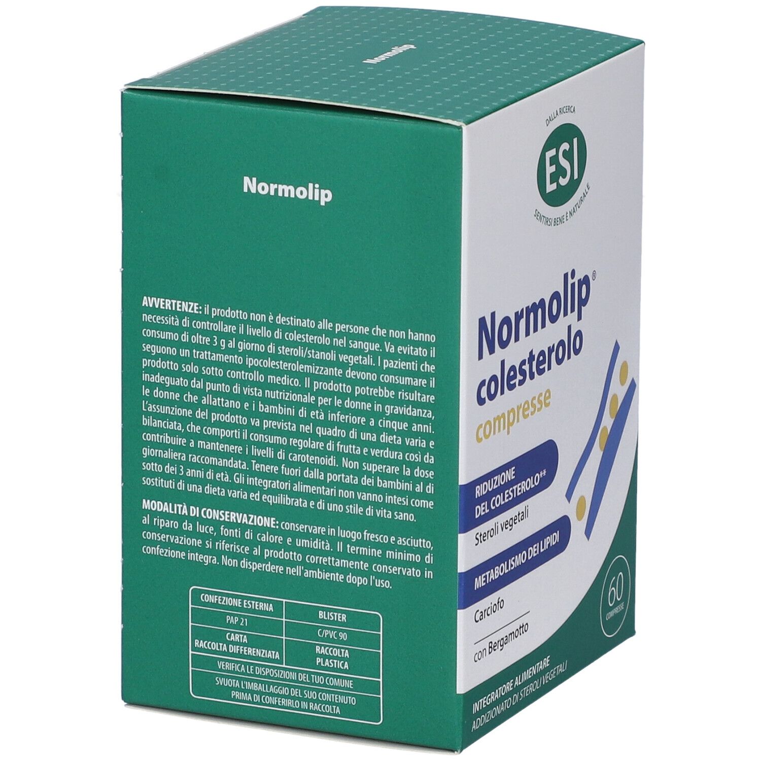 Scatola verde con testo e logo. Contiene informazioni sul prodotto. Testo: Normolip colesterolo compresse, 60 compresse.