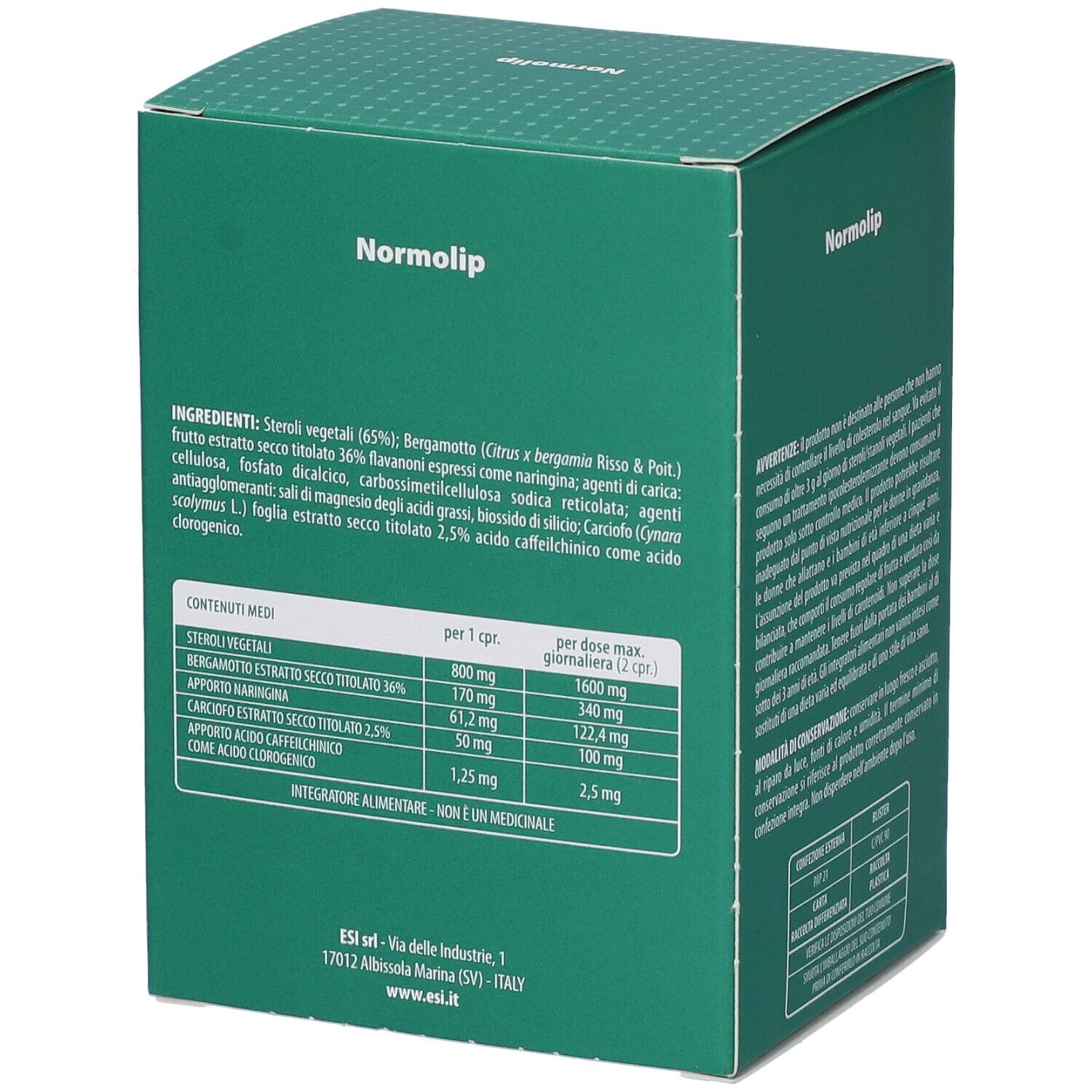 Scatola verde con informazioni sugli ingredienti. Testo: Steroli vegetali, Bergamotto, Carciofo, etc. Contiene informazioni.