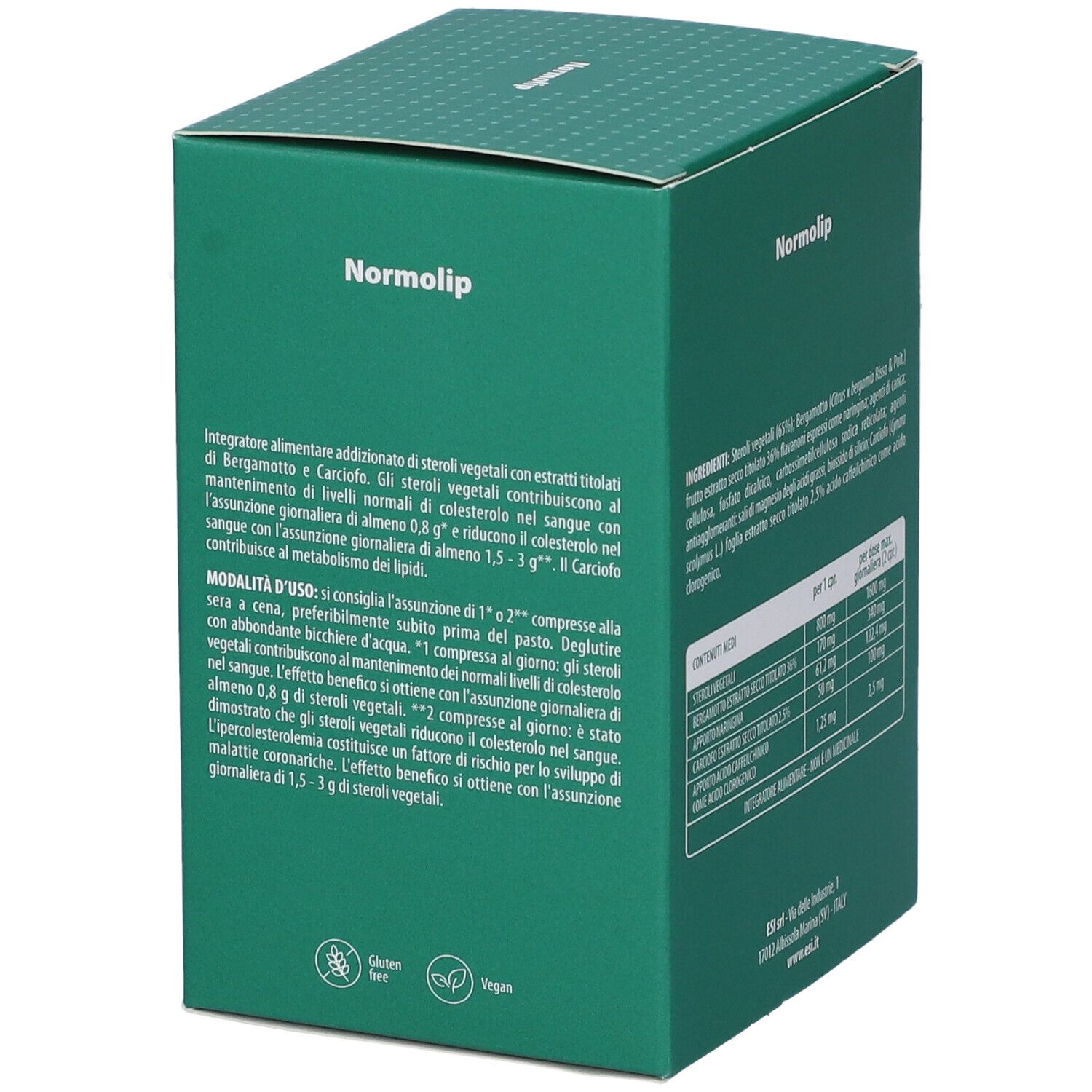 Scatola verde con testo. Contiene informazioni sull'uso e gli ingredienti. Testo: Normolip, Gluten Free, Vegan.