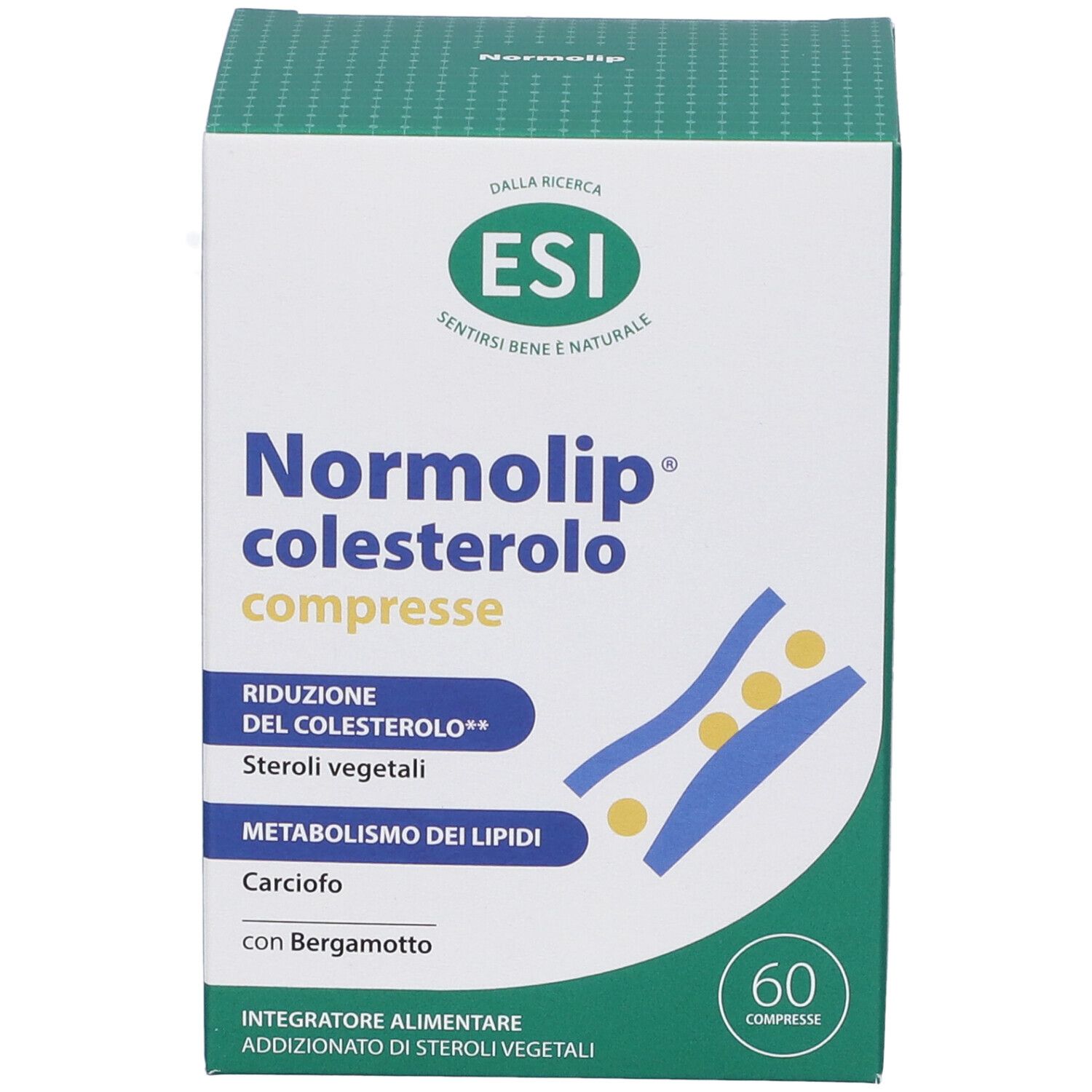 Scatola bianca e verde con nome e logo del prodotto. Contiene 60 compresse. Testo: Normolip colesterolo compresse.