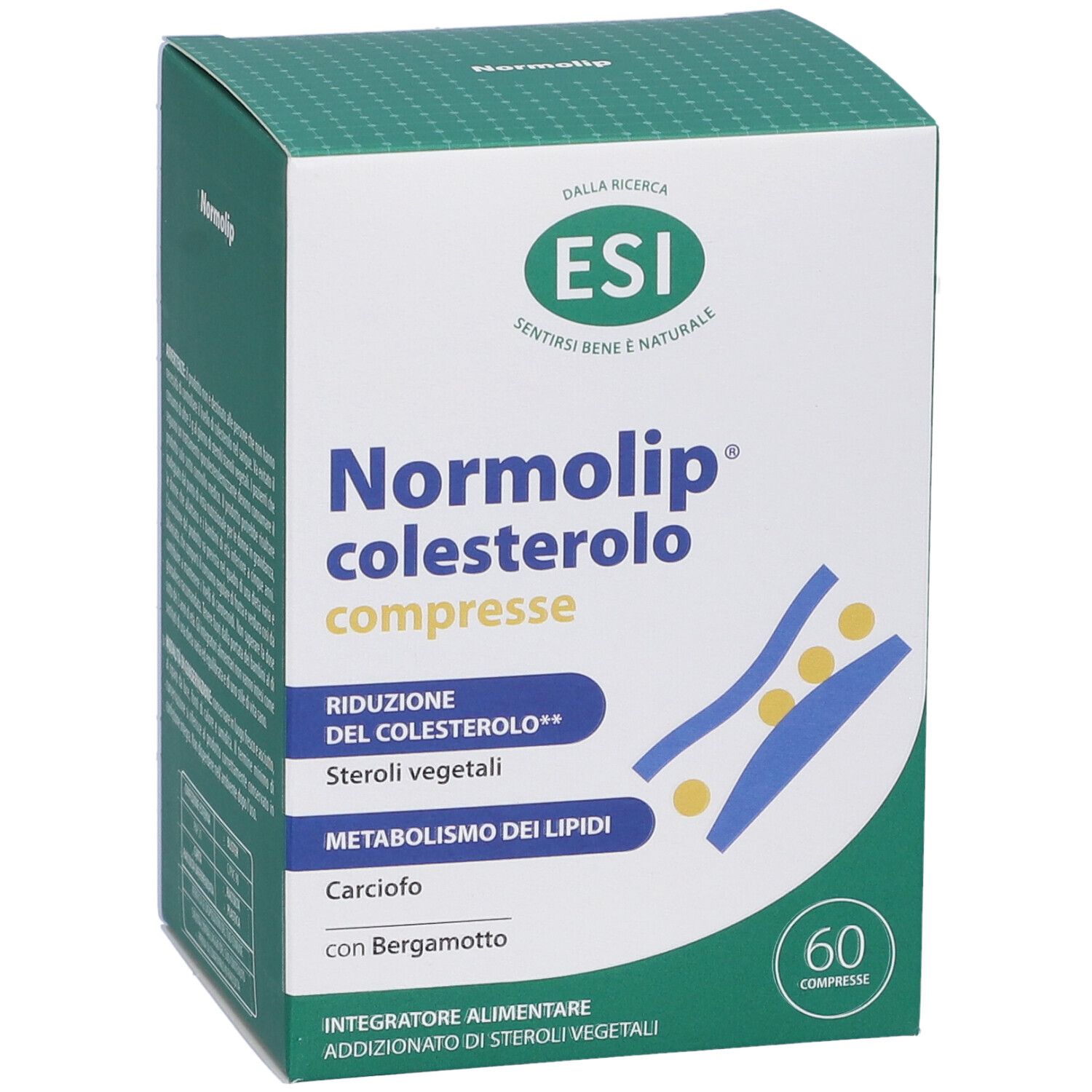 Scatola bianca e verde con nome e logo del prodotto. Contiene 60 compresse. Testo: Normolip colesterolo compresse.