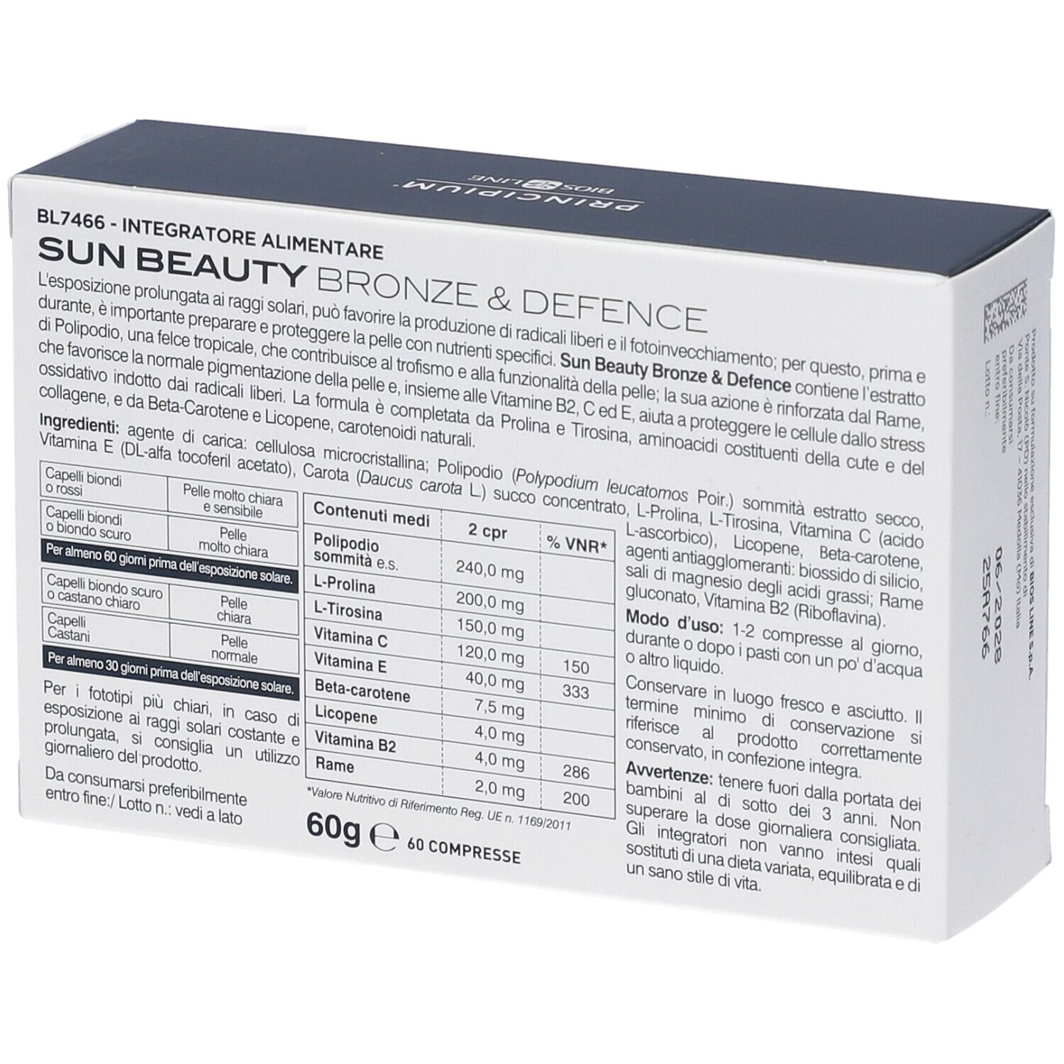 Retro della confezione PRINCIPIUM SUN BEAUTY con informazioni nutrizionali e ingredienti.