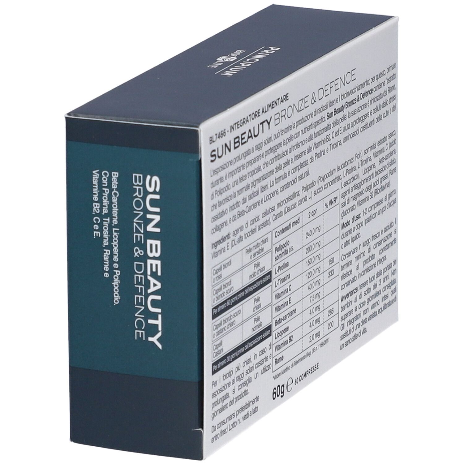 Vista laterale della confezione PRINCIPIUM SUN BEAUTY, 60 compresse.