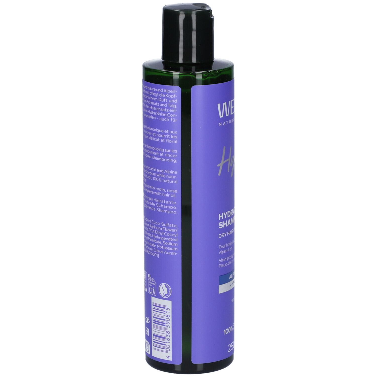 Flacone viola. Retro con testo e codice a barre. Bordo verde. Tappo nero.
