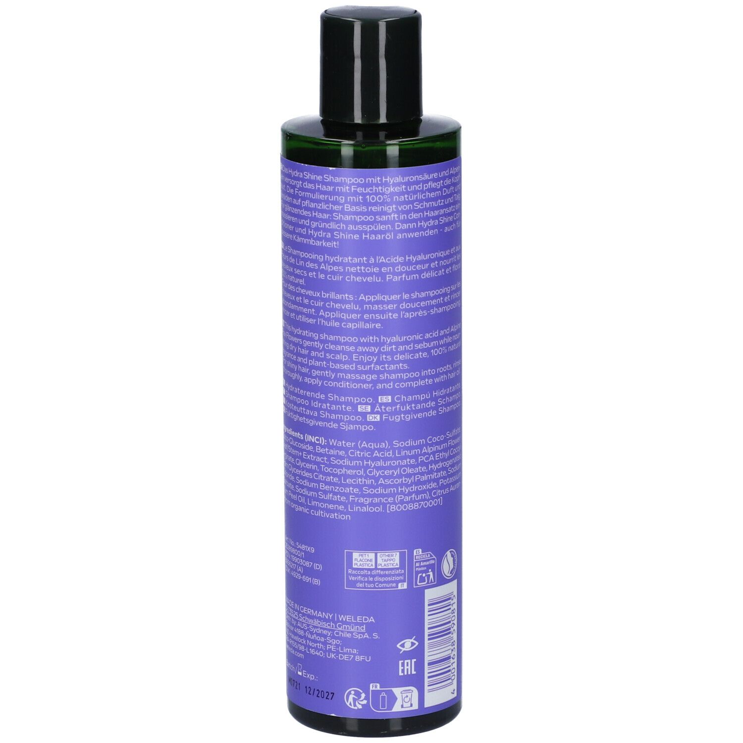 Flacone viola. Retro con testo e codice a barre. Bordo verde. Tappo nero.