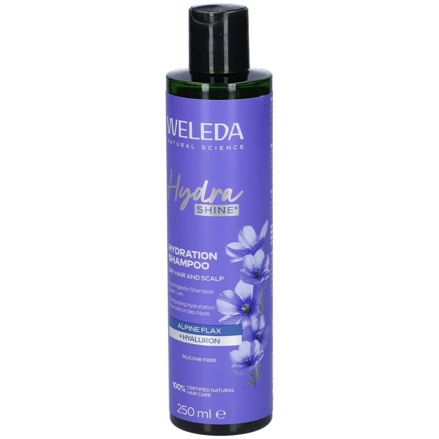 Flacone viola. Scritta: WELEDA Hydra Shine, Hydration Shampoo, Alpine Flax + Hyaluron. 250 ml.