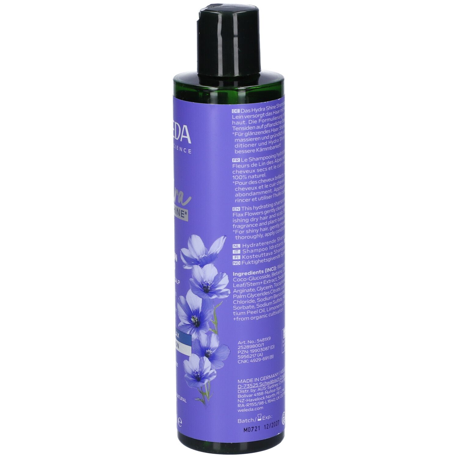 Flacone viola. Scritta: WELEDA Hydra Shine, Hydration Shampoo, Alpine Flax + Hyaluron. 250 ml.
