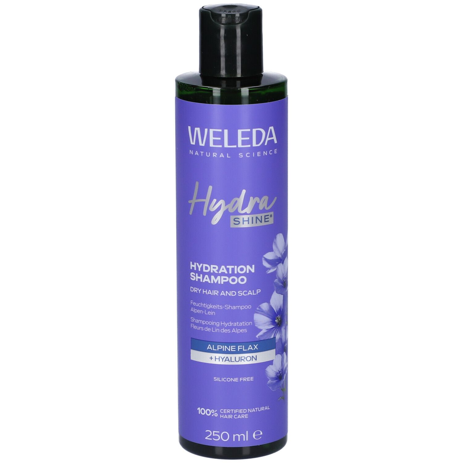 Flacone viola. Scritta: WELEDA Hydra Shine, Hydration Shampoo, Alpine Flax + Hyaluron. 250 ml.