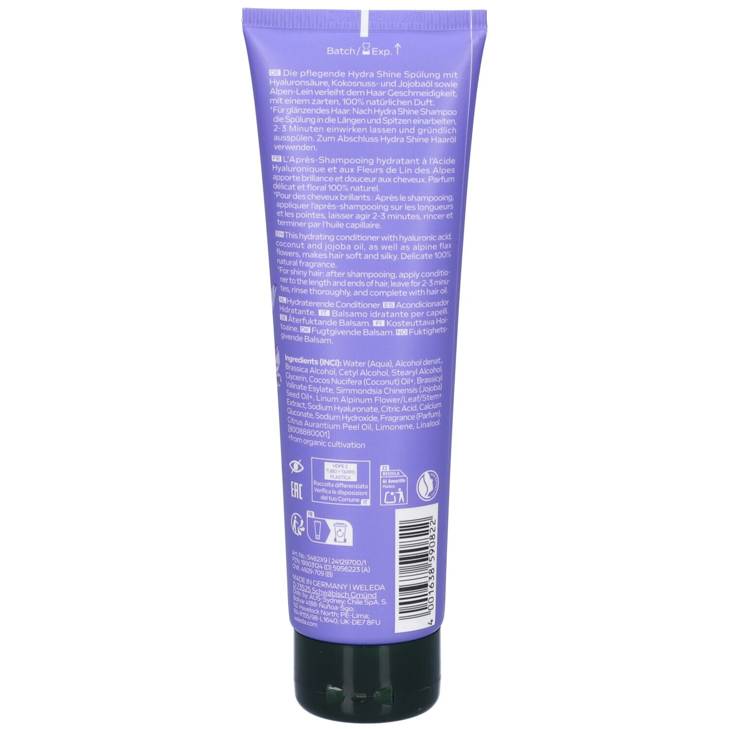 Retro del tubo viola. Testo multilingue. Ingredienti, numero di lotto, certificazioni e codice a barre.