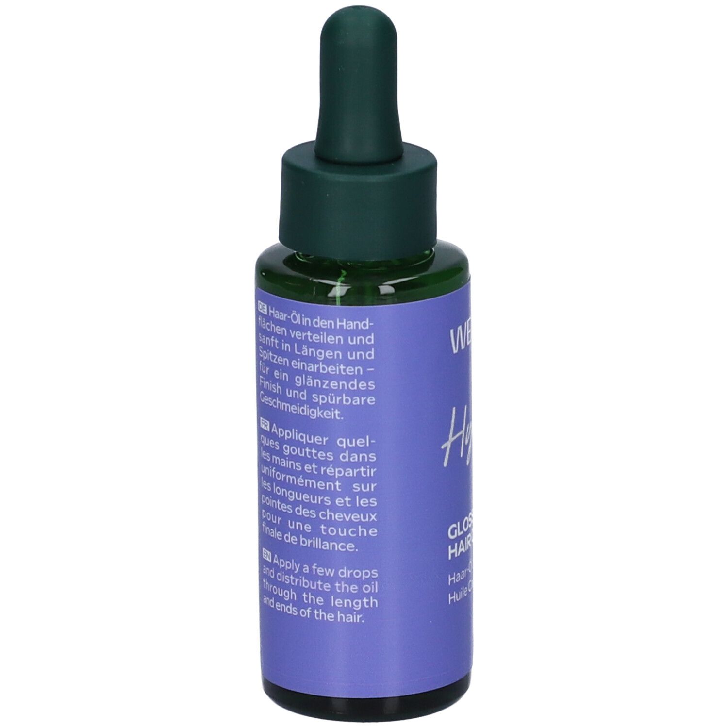 Flacone di olio per capelli Weleda Hydra Shine. Retro con testo in tedesco, inglese e francese. Pipetta verde. Nome prodotto: Gloss Drops Hair Oil.