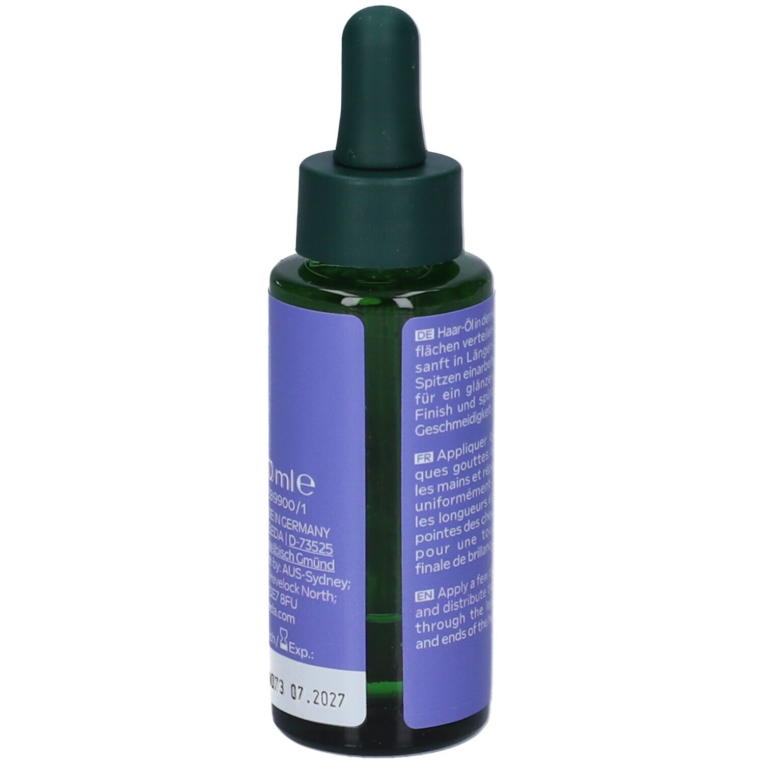 Flacone di olio per capelli Weleda Hydra Shine. Retro con testo e numero di lotto. Pipetta verde. Nome prodotto: Gloss Drops Hair Oil.
