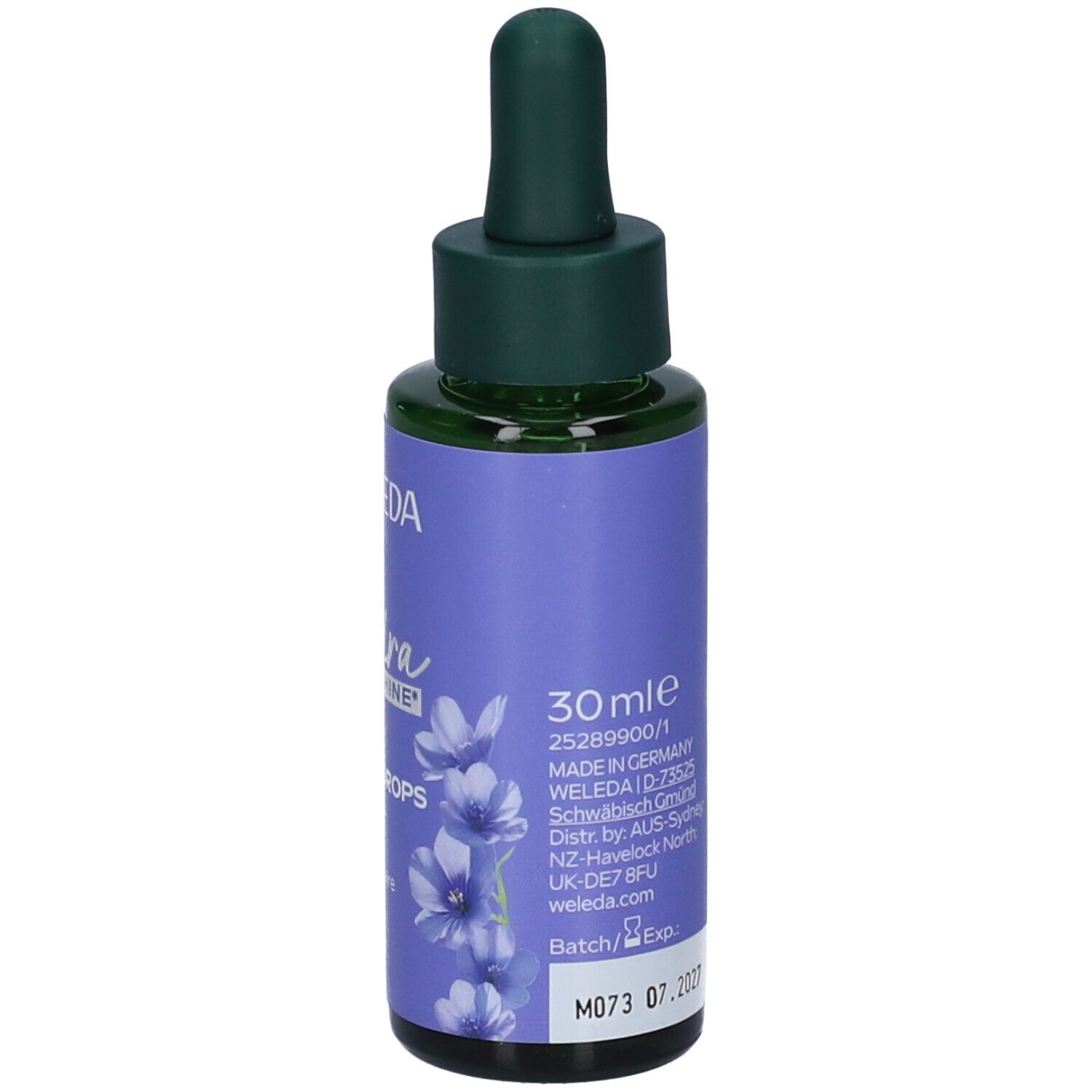 Flacone di olio per capelli Weleda Hydra Shine. Retro con testo, 30ml e numero di lotto. Pipetta verde. Nome prodotto: Gloss Drops Hair Oil.