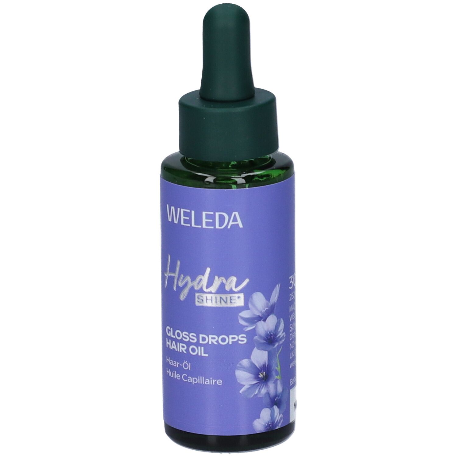 Flacone di olio per capelli Weleda Hydra Shine. Etichetta viola con testo e fiori. Pipetta verde. Nome prodotto: Gloss Drops Hair Oil.