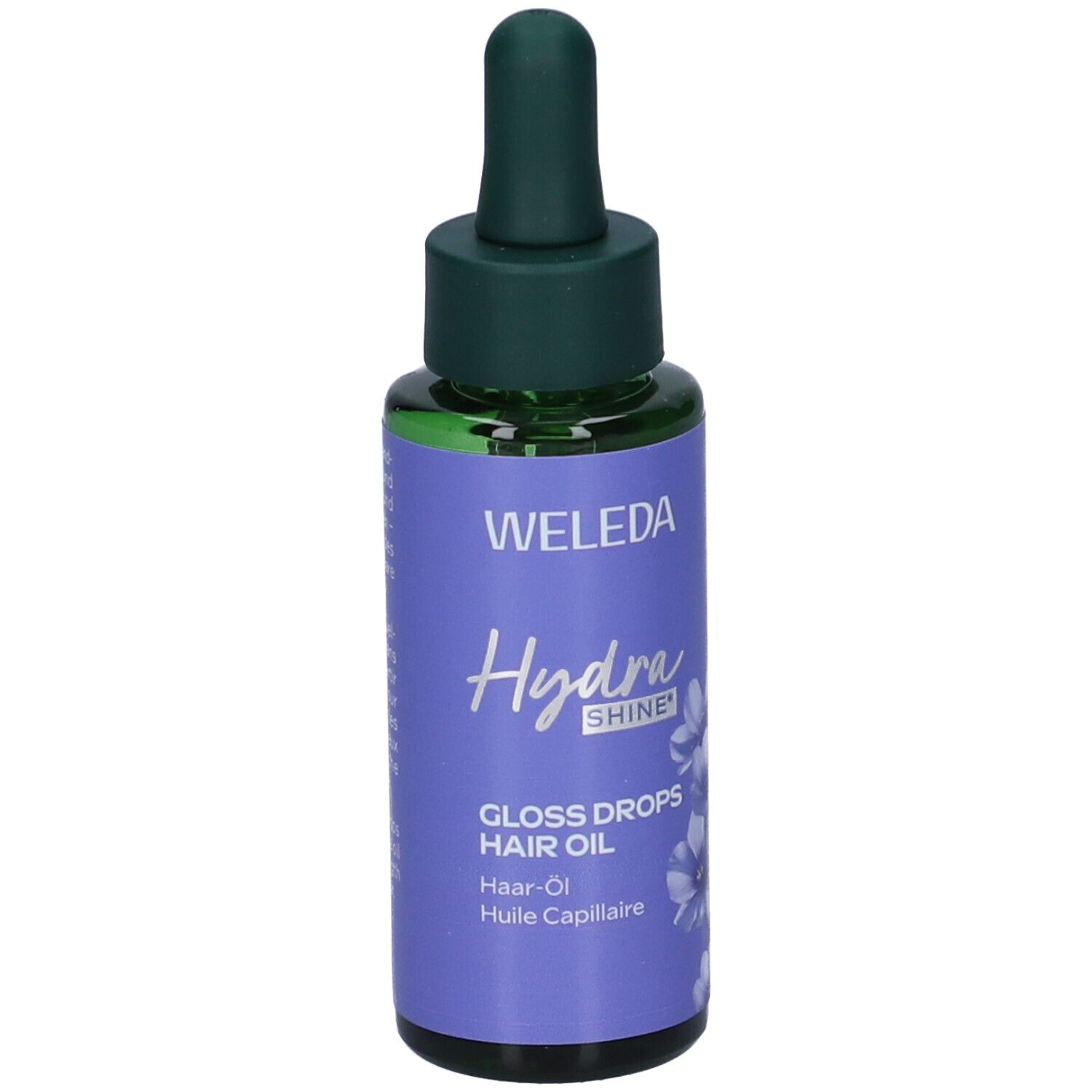 Flacone di olio per capelli Weleda Hydra Shine. Etichetta viola con testo e fiori. Pipetta verde. Nome prodotto: Gloss Drops Hair Oil.
