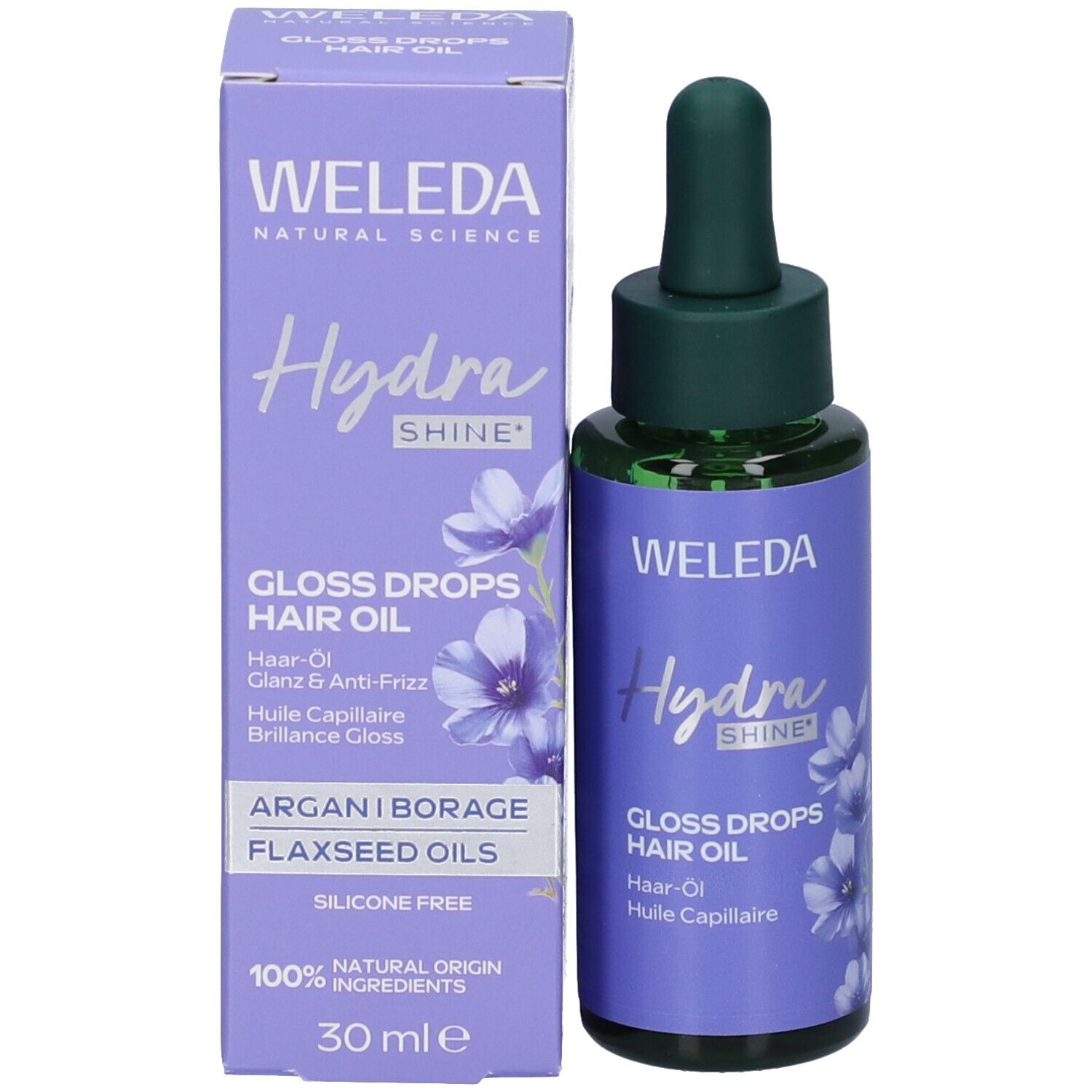Olio per capelli Weleda Hydra Shine e confezione. Scatola viola con testo e flacone. Nome prodotto: Gloss Drops Hair Oil.