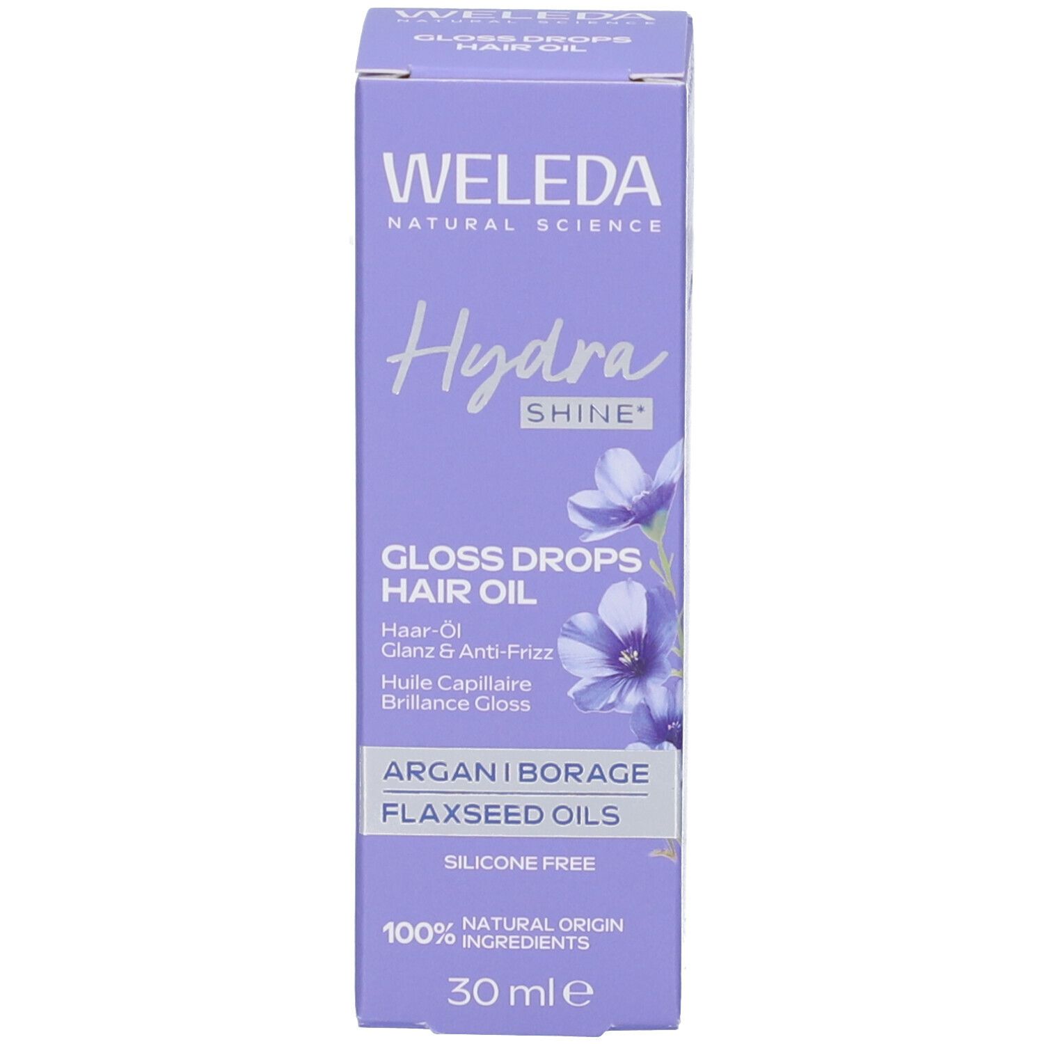Confezione olio per capelli Weleda Hydra Shine. Scatola viola con testo e fiori. Nome prodotto: Gloss Drops Hair Oil.