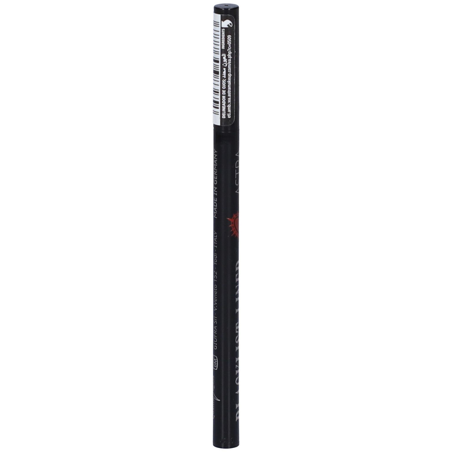 Pennarello eyeliner nero con iscrizione e codice a barre.
