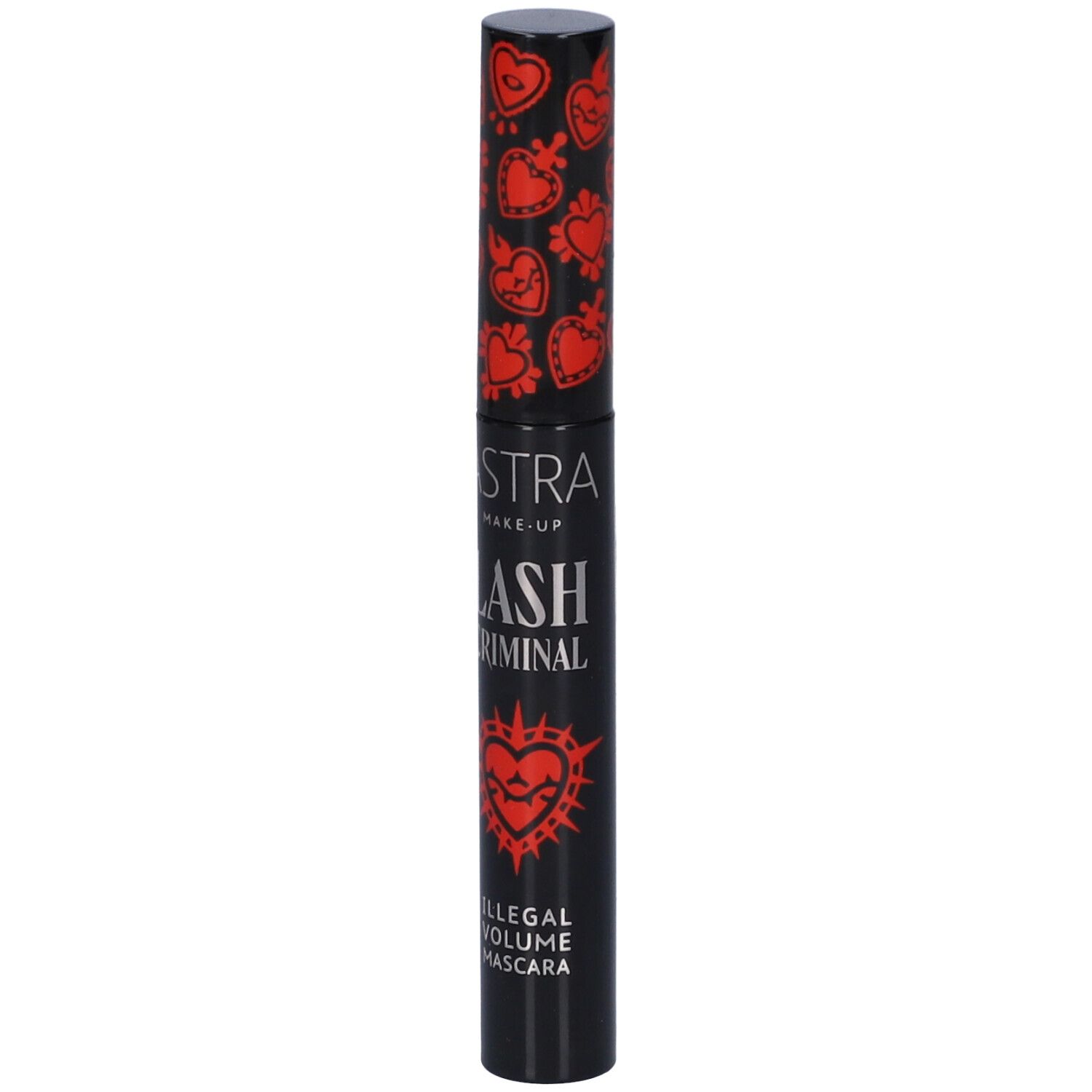 Confezione di mascara nera con cuori rossi e la scritta "LASH CRIMINAL ILLEGAL VOLUME MASCARA".