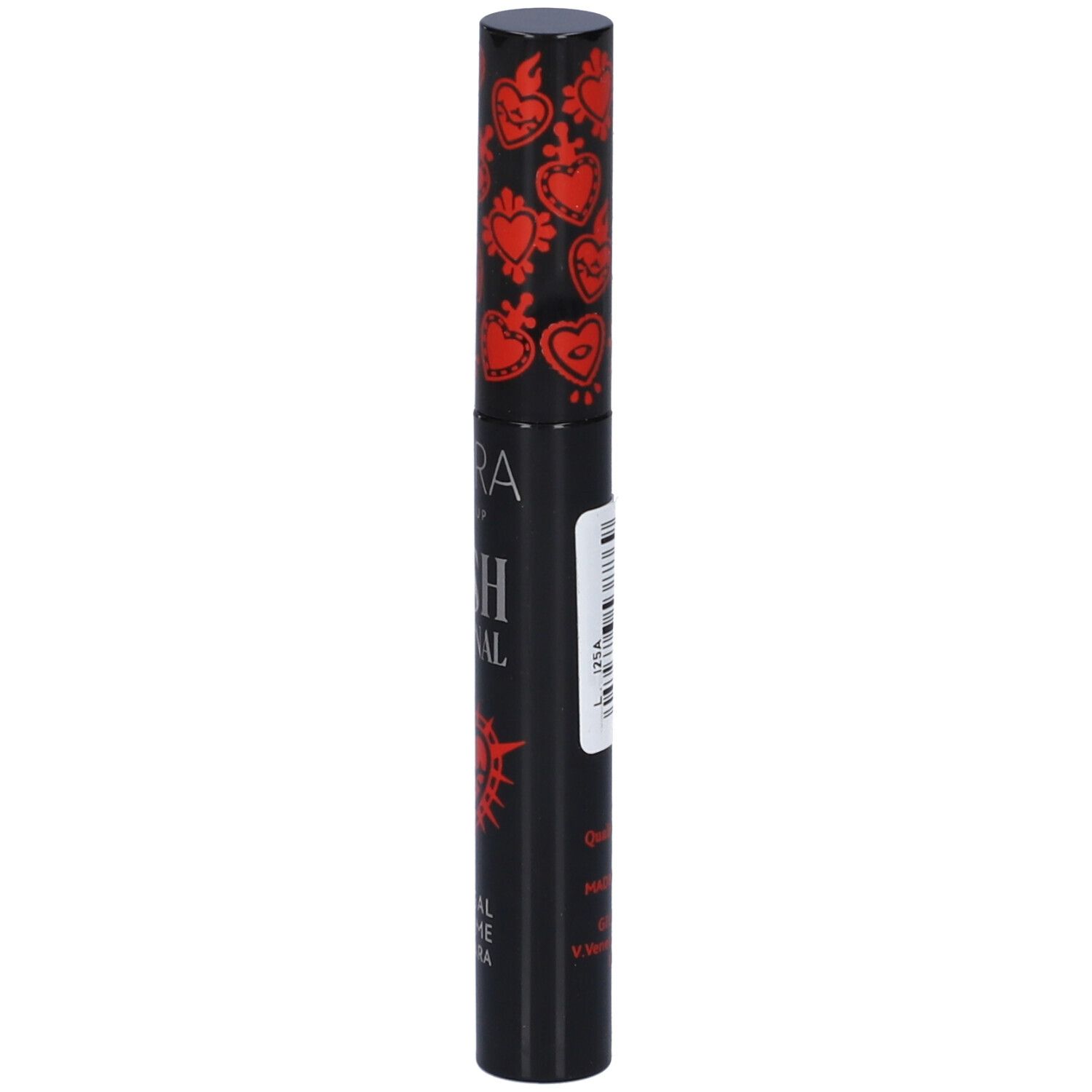 Applicatore di mascara nero con motivi a cuore e fiamme rossi. "SEPHORA COLLECTION" e "LASH PAINT" sono stampati sul fusto.