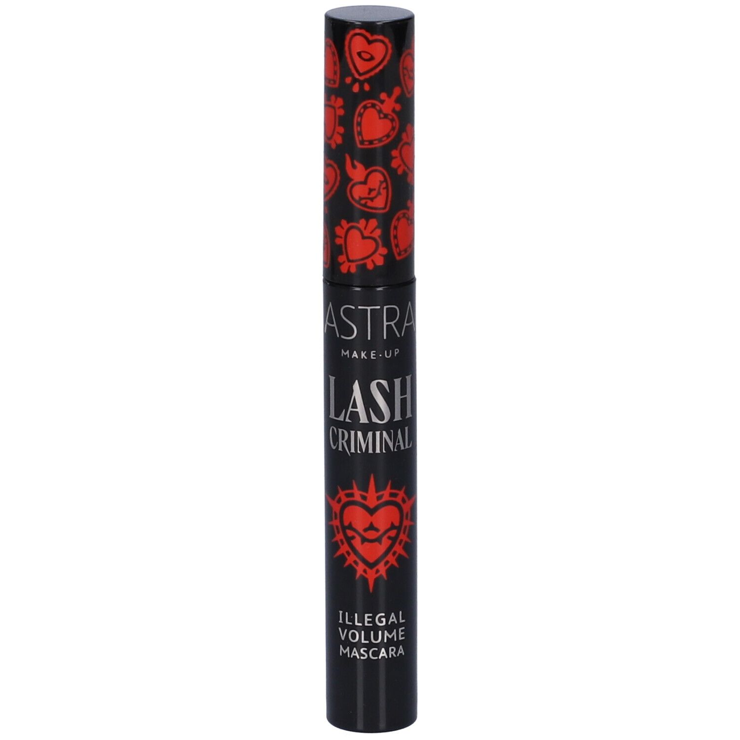 Confezione mascara nera con cuori rossi e scritta 'LASH CRIMINAL'.