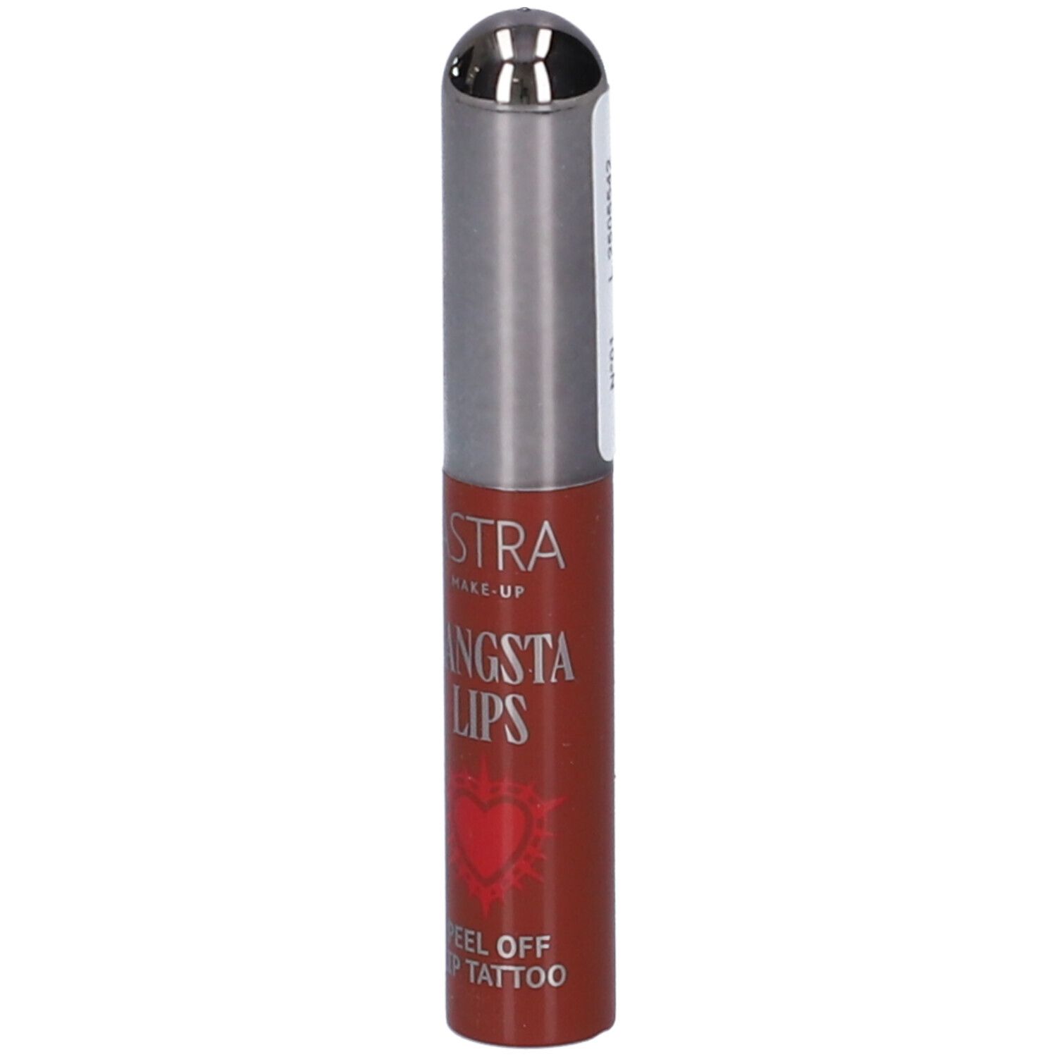 Astra Make-Up Gangsta Lips Peel Off Lip Tattoo in confezione marrone con applicatore argentato.