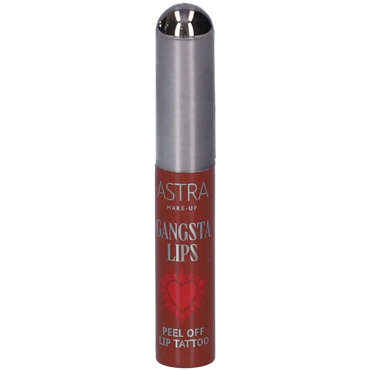 Astra Make-Up Gangsta Lips Peel Off Lip Tattoo in confezione marrone con applicatore argentato.
