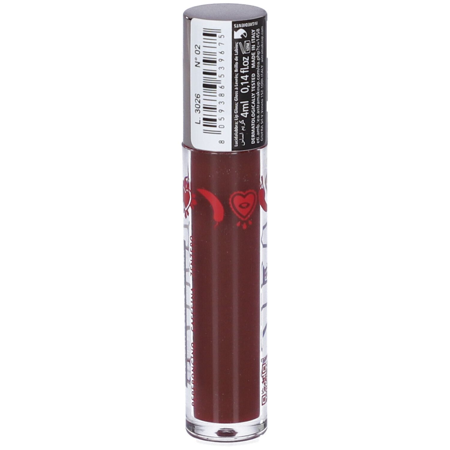 Contenitore di lucidalabbra con tappo argentato. Scritta "N° 02". Etichetta con informazioni. Liquido rossastro visibile.