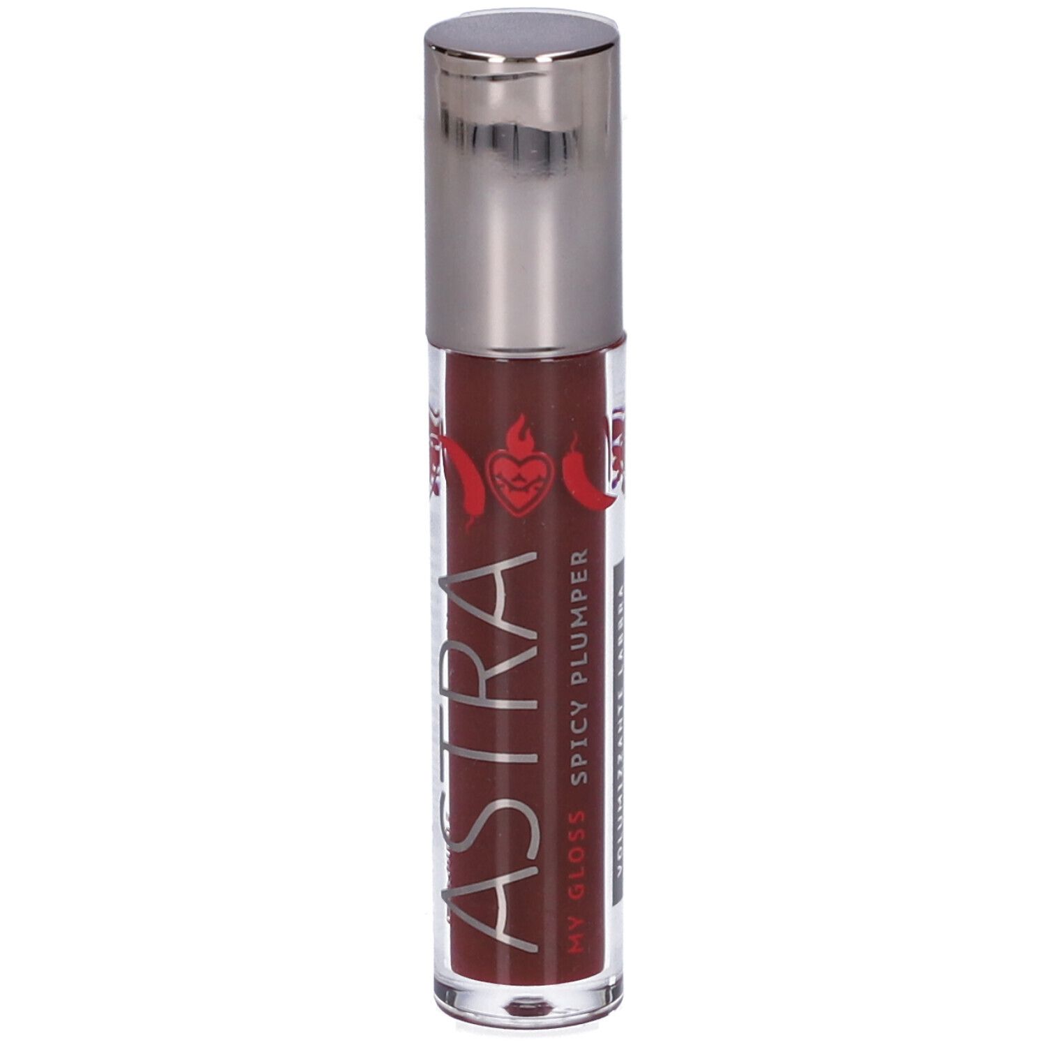 Contenitore trasparente di lucidalabbra con tappo argentato. Scritta "ASTRA MY GLOSS SPICY PLUMPER". Liquido rossastro visibile.