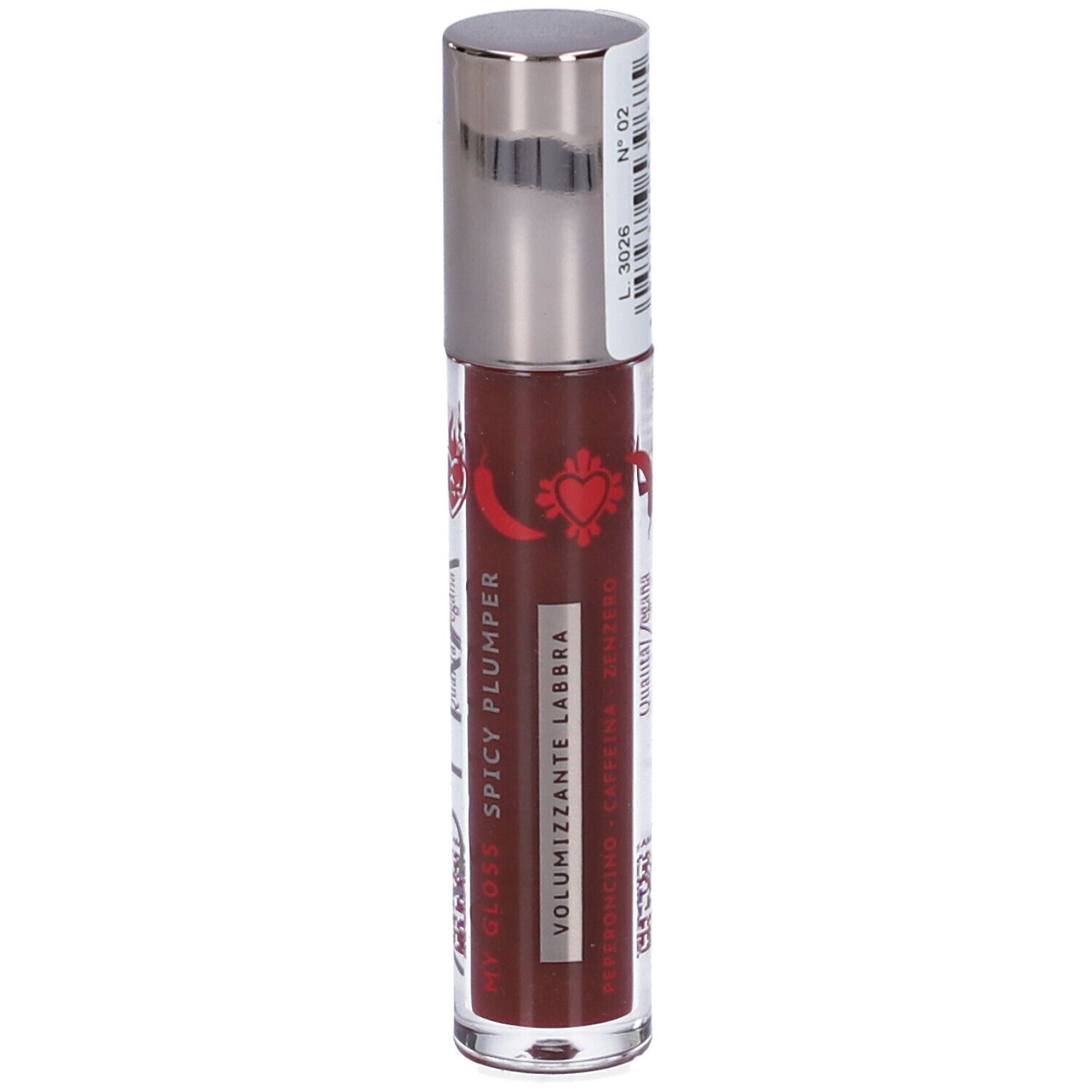 Contenitore di lucidalabbra con tappo argentato. Scritta "SPICY PLUMPER VOLUMIZZANTE LABBRA". Liquido rossastro visibile.