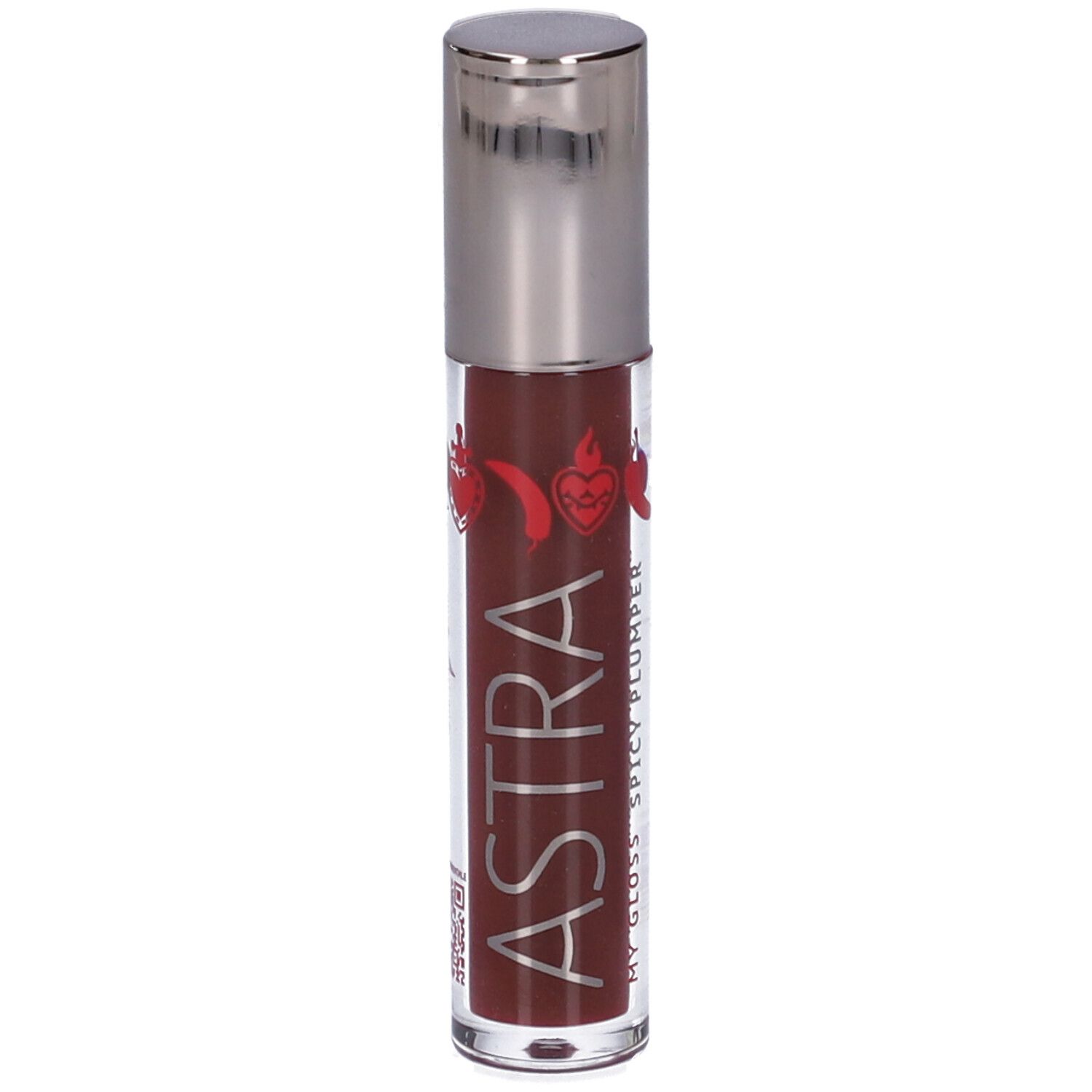 Contenitore trasparente di lucidalabbra con tappo argentato. Scritta "ASTRA MY GLOSS SPICY PLUMPER". Liquido rossastro visibile.