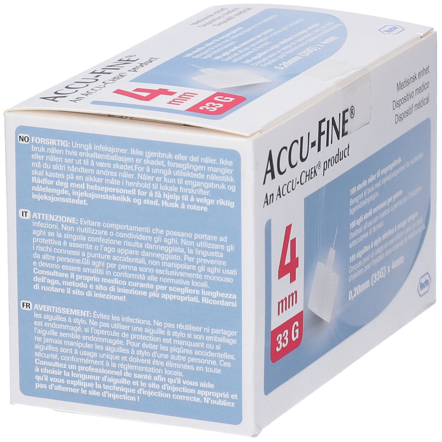 Confezione di aghi Accu-Fine. 4 mm, 33 G. Testo multilingue. Marchio Accu-Chek.