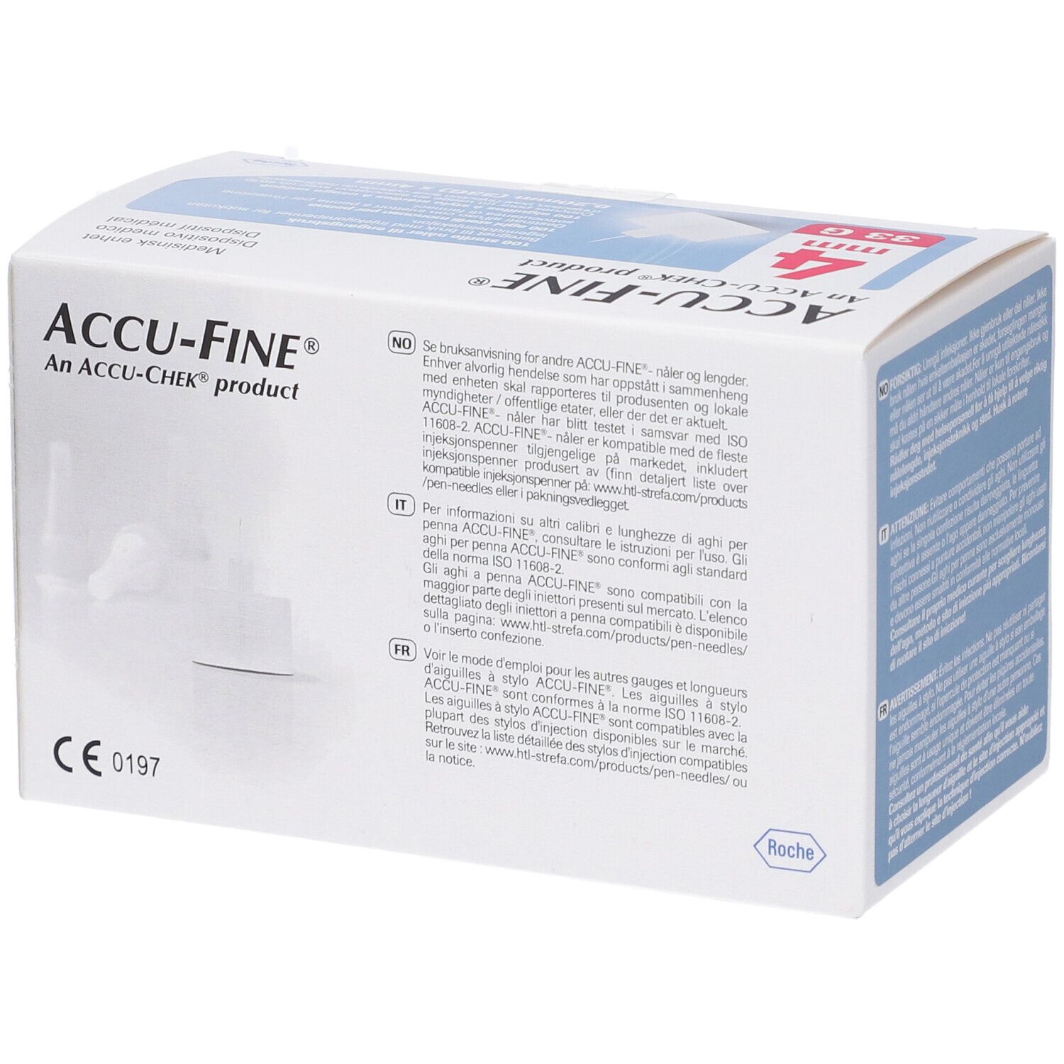 Confezione di aghi Accu-Fine. 4 mm, 33 G. Testo multilingue. Marchio CE.