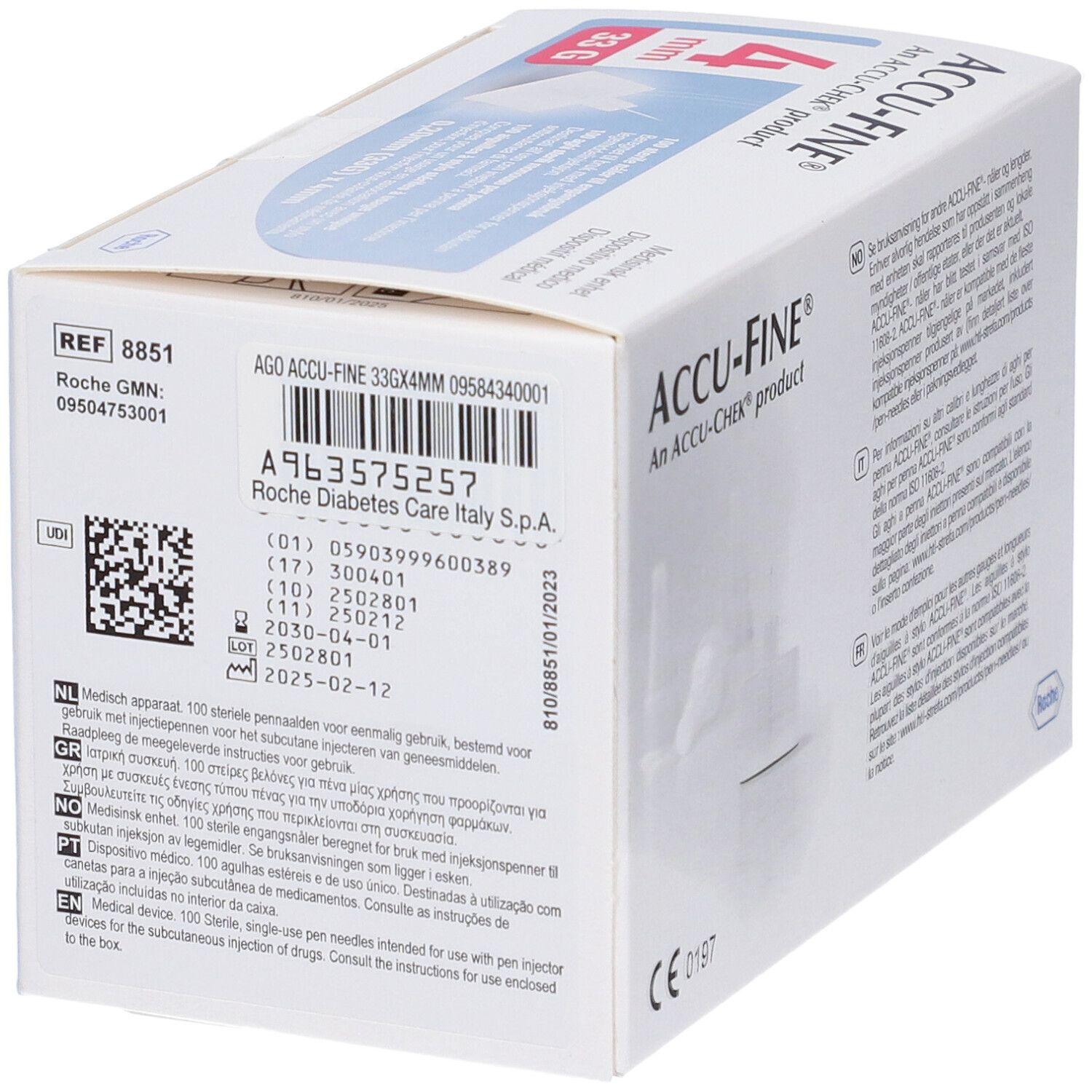 Retro della confezione di aghi Accu-Fine. 4 mm, 33 G. Contiene informazioni e codici.