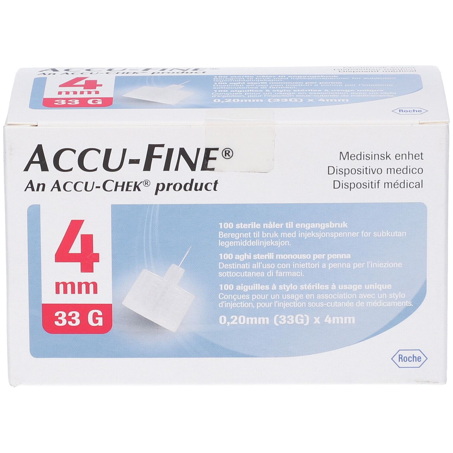 Confezione di aghi Accu-Fine. 4 mm, 33 G. Contiene 100 aghi sterili. Marchio Accu-Chek.