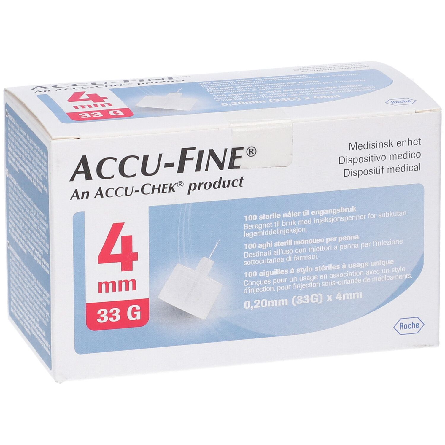 Confezione di aghi Accu-Fine. 4 mm, 33 G. Contiene 100 aghi sterili. Marchio Accu-Chek.