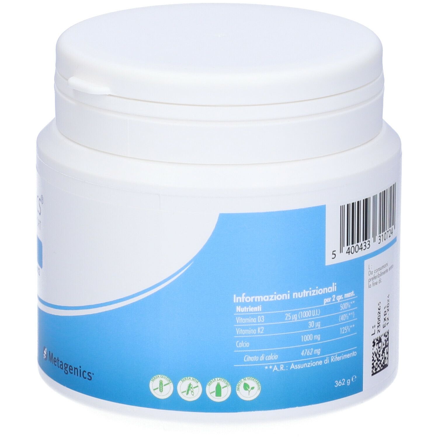 Prodotto rotondo bianco con fascia blu. Retro con informazioni nutrizionali. Scritta: Barinutrics.