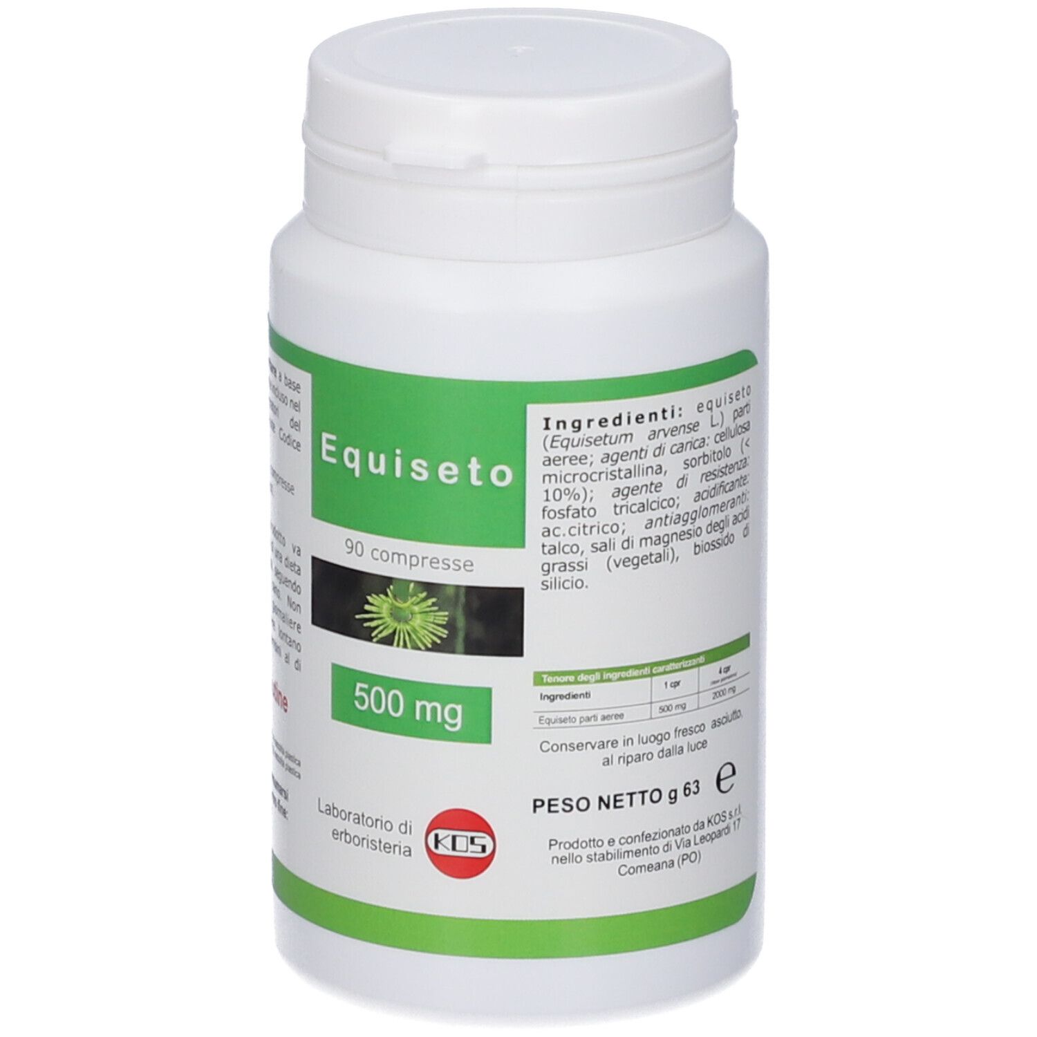 Barattolo bianco con etichetta verde, 90 compresse, 500 mg. Immagine di pianta.