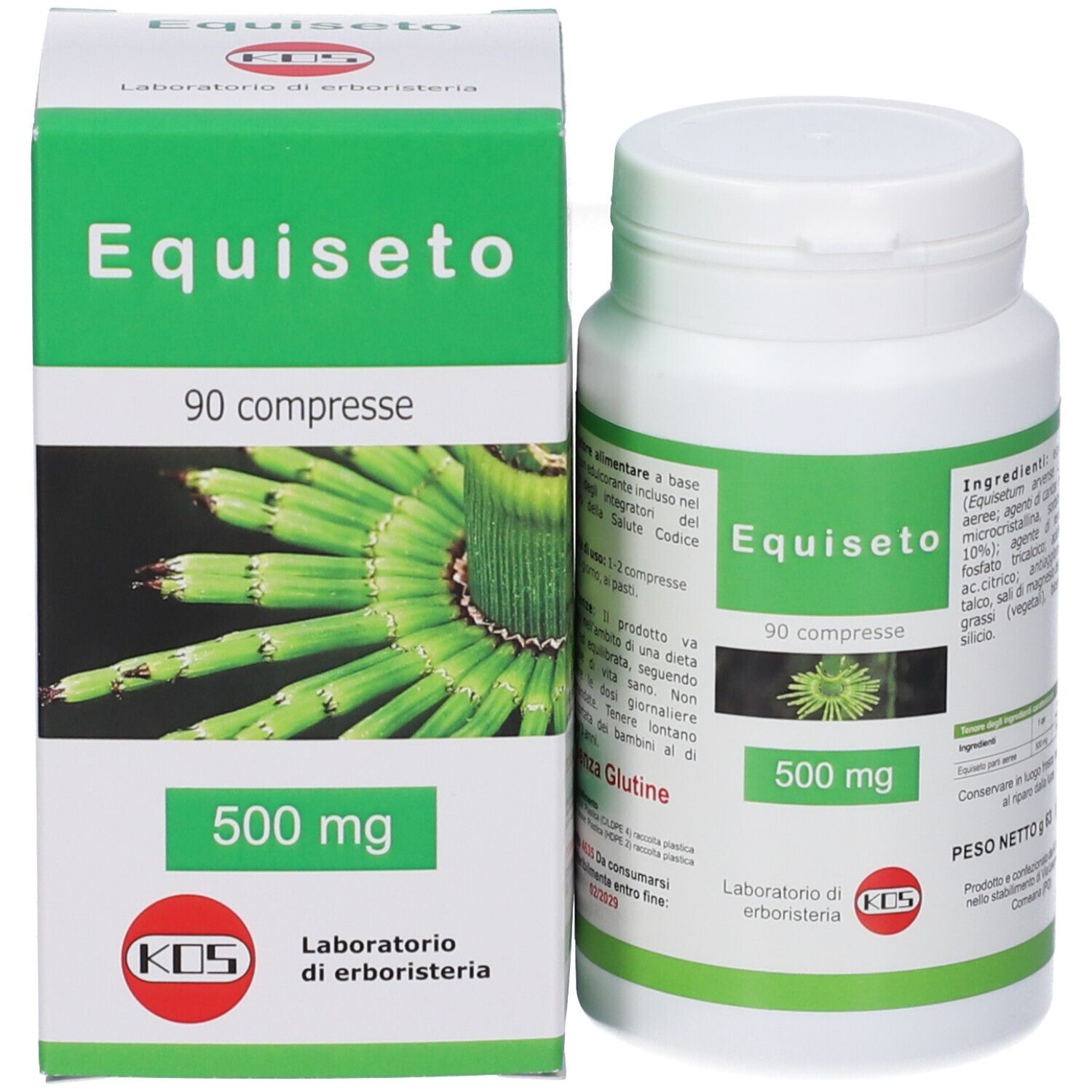 Scatola e barattolo di pillole affiancati. Entrambi mostrano 'Equiseto', 90 compresse, 500 mg e una pianta.