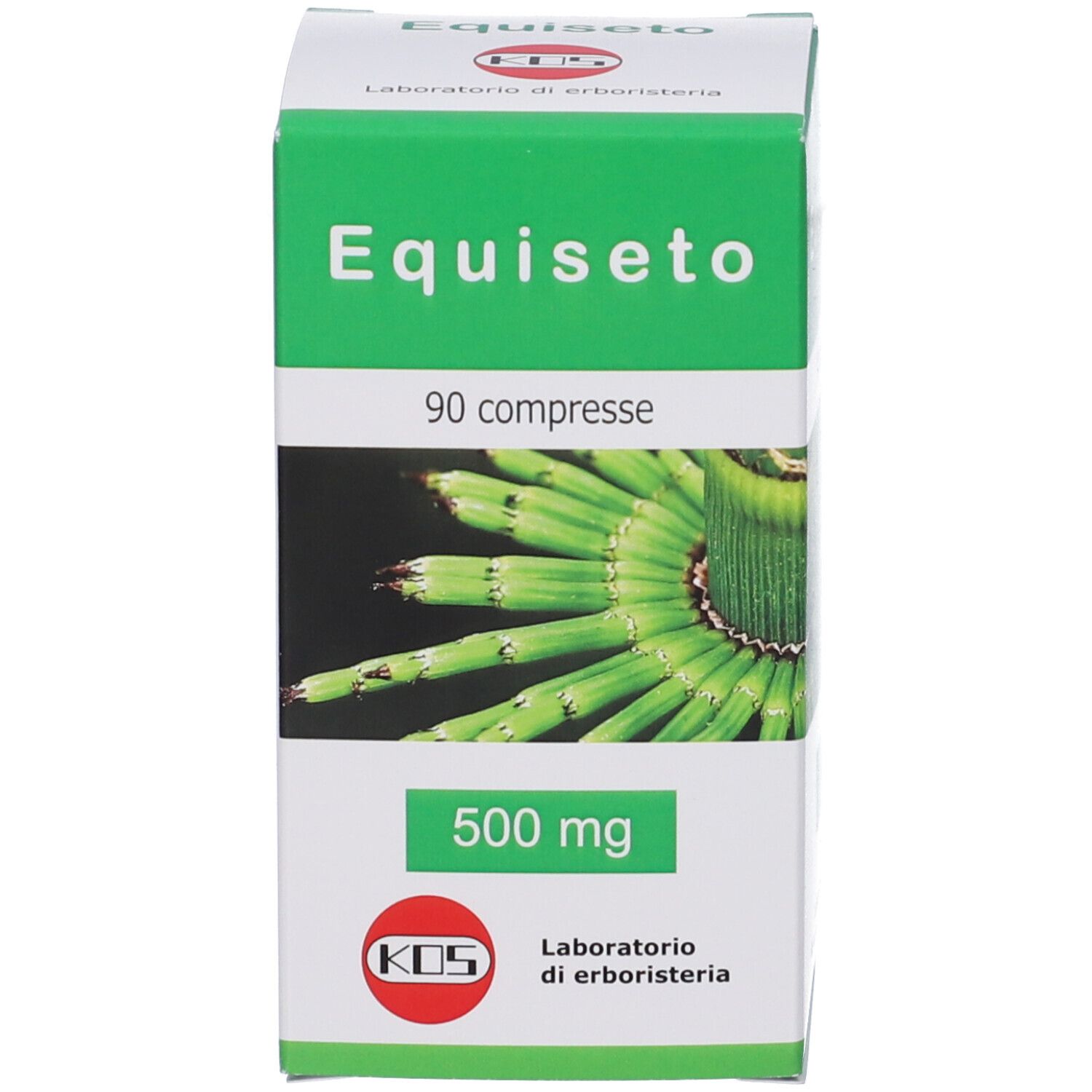 Scatola con etichetta verde. Mostra 'Equiseto', 90 compresse, 500 mg e una pianta.