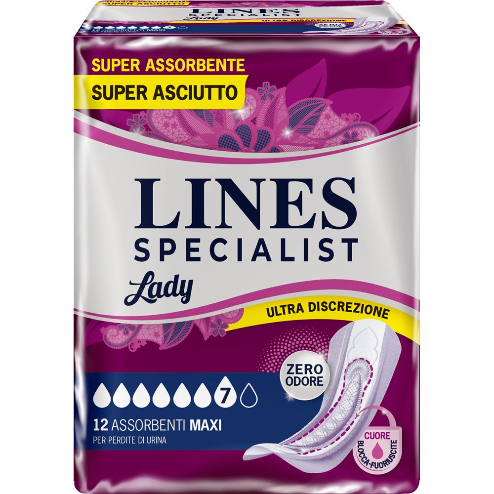 Confezione di Lines Specialist Lady Maxi. 12 assorbenti Maxi. Ultra discrezione. Zero Odore. Super Assorbente.