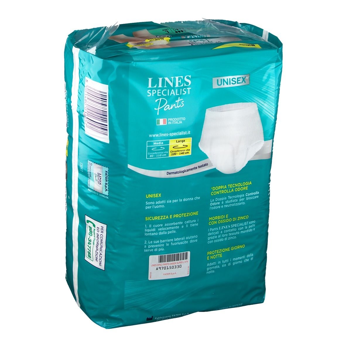 Retro della confezione di LINES Specialist Pants Unisex Super Taglia L. Immagine del prodotto, testo e informazioni.