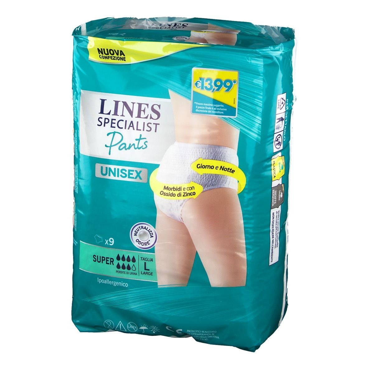 Confezione di LINES Specialist Pants Unisex Super Taglia L. Vista frontale con immagine del prodotto e prezzo.