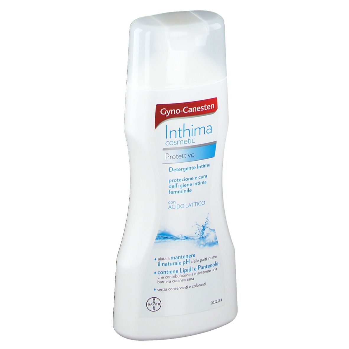 Flacone bianco Gyno-Canesten Inthima. Scritta: 'Detergente intimo'.
