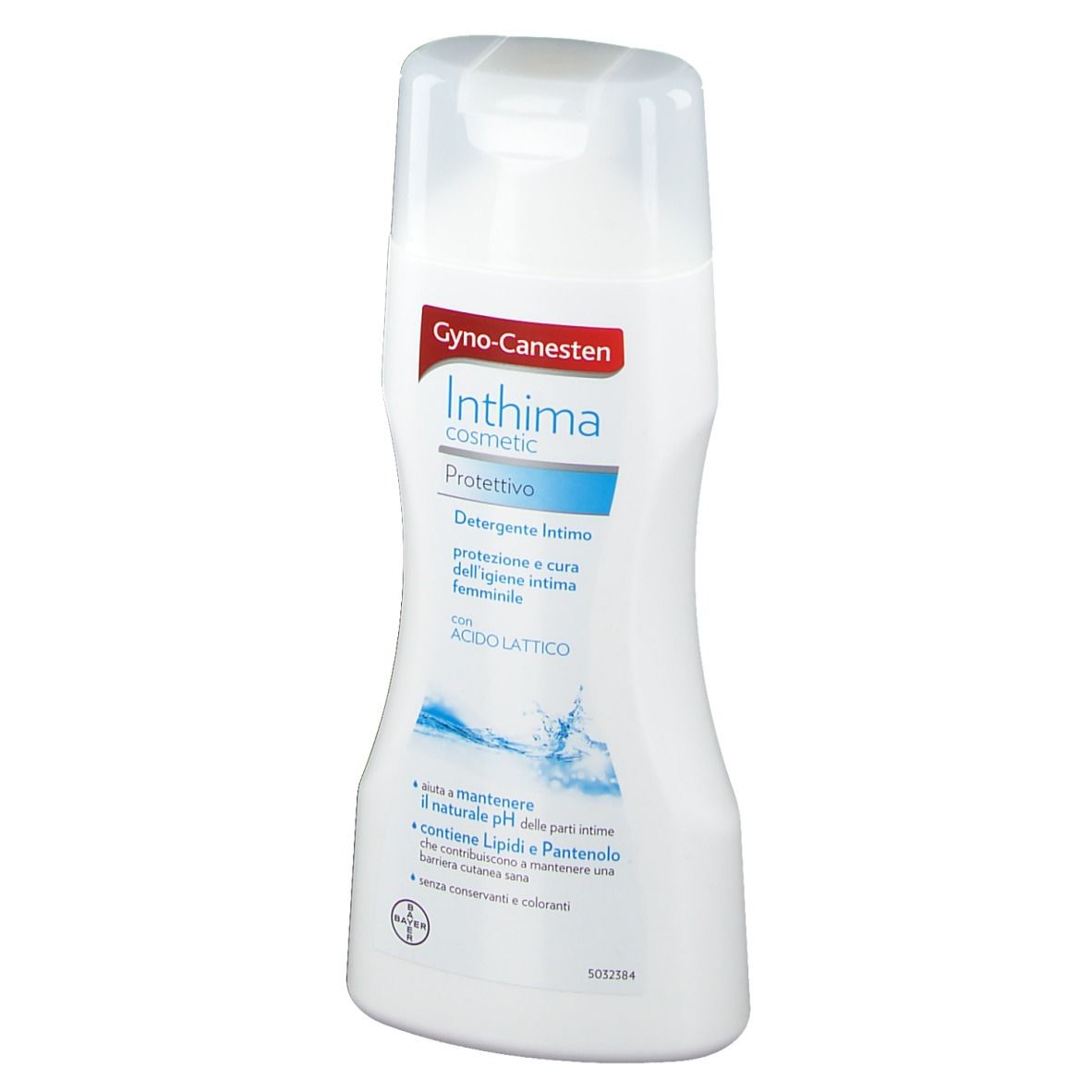 Flacone bianco Gyno-Canesten Inthima. Scritta: 'Detergente intimo'.