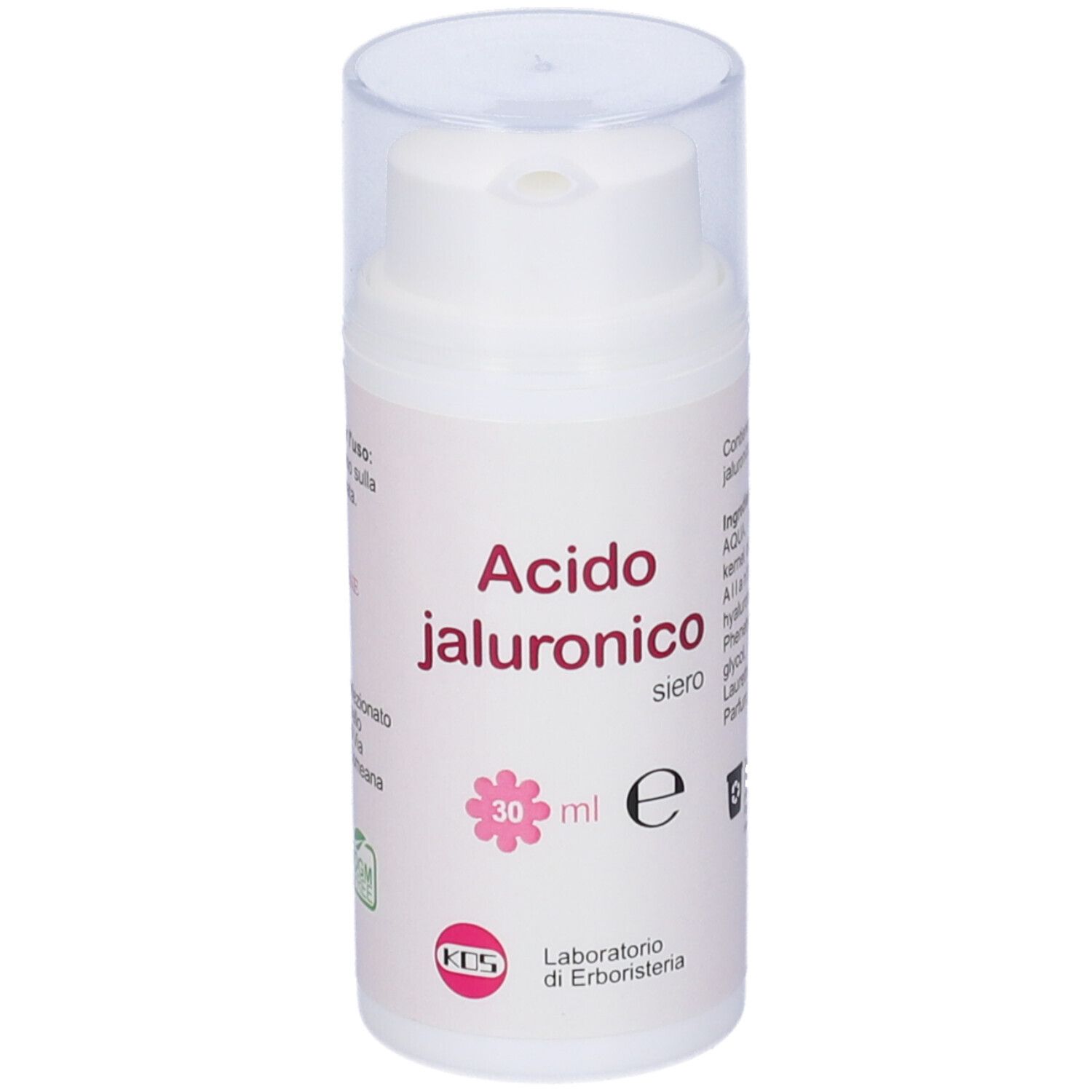 Flacone bianco con tappo a pompa. Scritta: Acido jaluronico siero, 30 ml. Logo e testo.