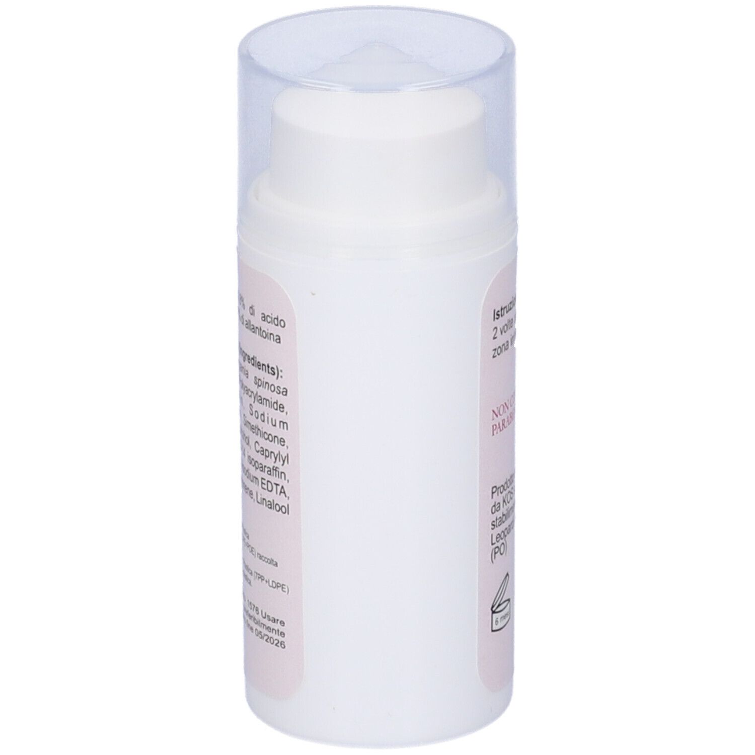 Flacone bianco con tappo a pompa. Scritta: ingredienti, testo in italiano.