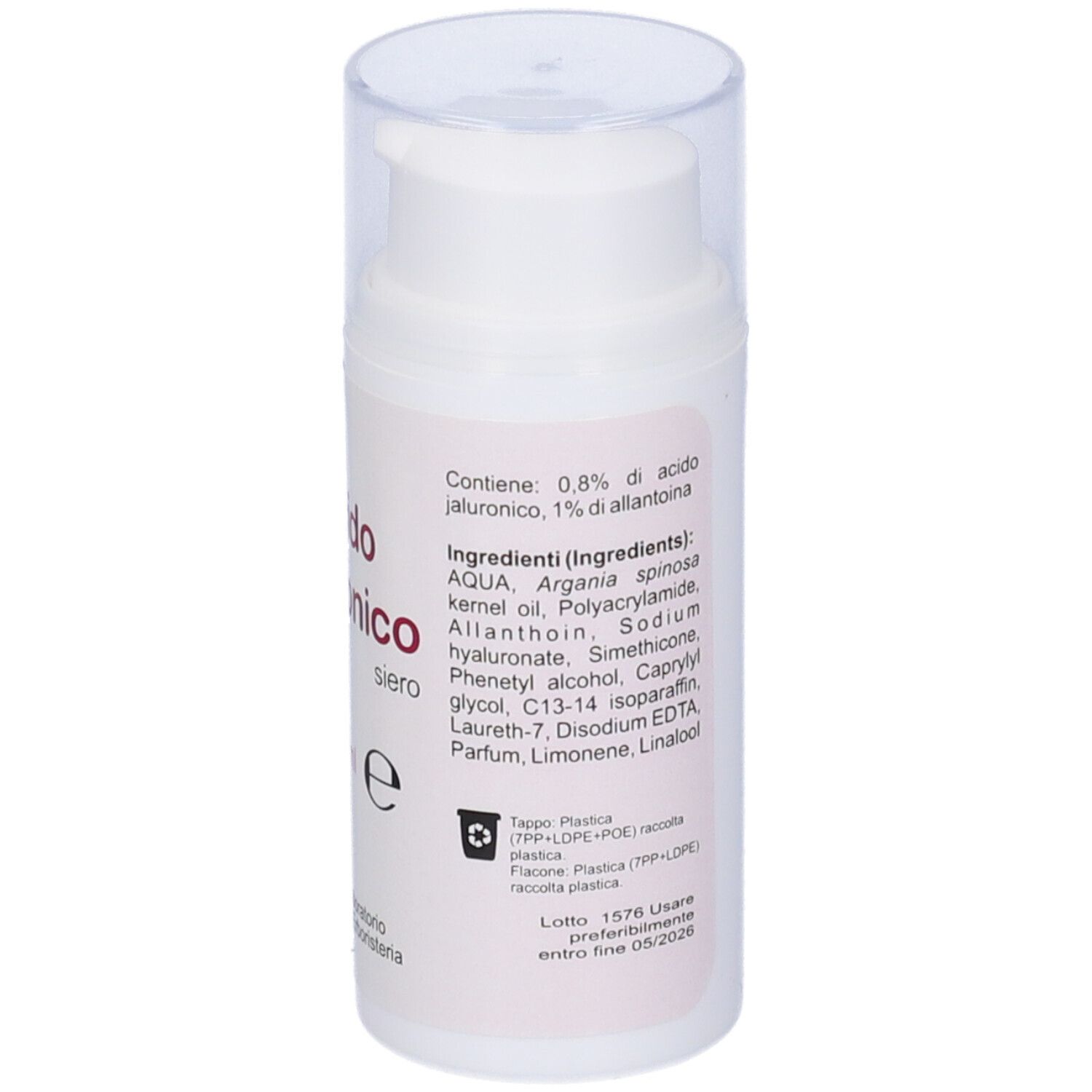 Flacone bianco con tappo a pompa. Scritta: ingredienti, testo in italiano.