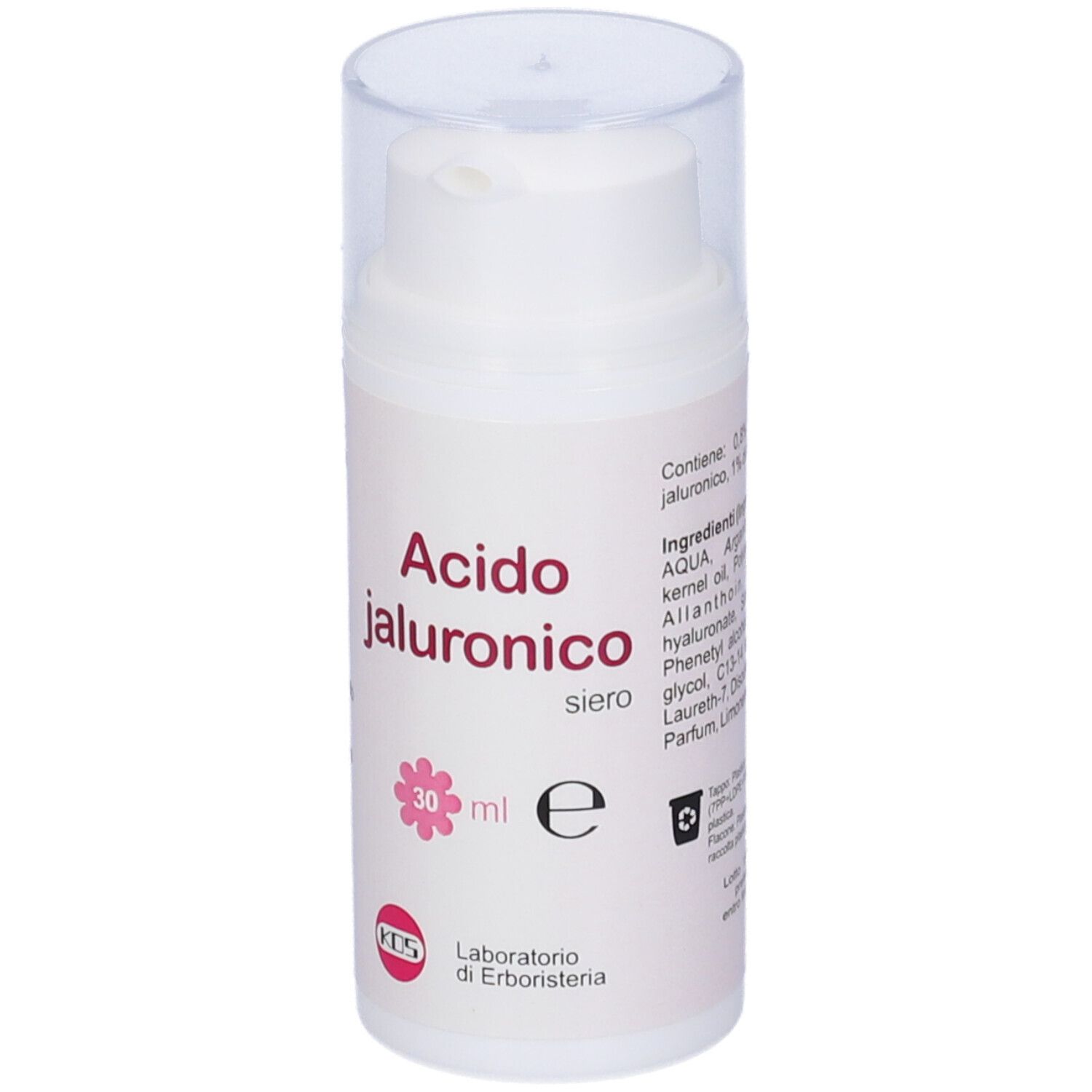 Flacone bianco con tappo a pompa. Scritta: Acido jaluronico siero, 30 ml. Logo e testo.
