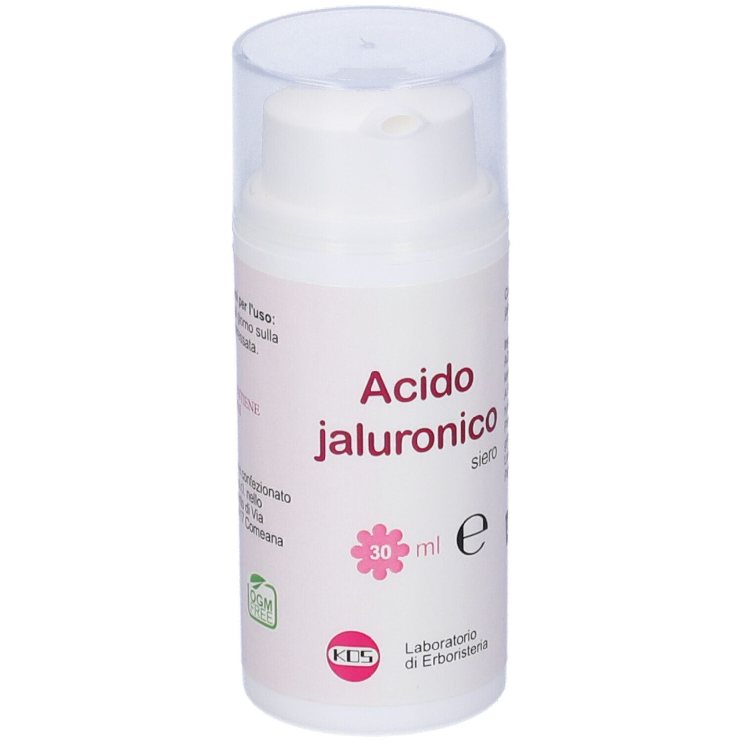 Flacone bianco con tappo a pompa. Scritta: Acido jaluronico siero, 30 ml. Logo e testo.
